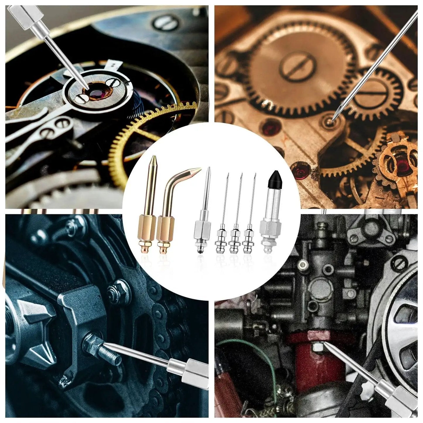 Must Have Versatile Seven Piece Grease Gun Accessory Kit With Three Nozzles One Needle Dispenser One Rubber Joint Tip One Straight Nozzle And One Bent Nozzle For Small And Confined Spaces Lyreh shown lubricating various mechanical parts