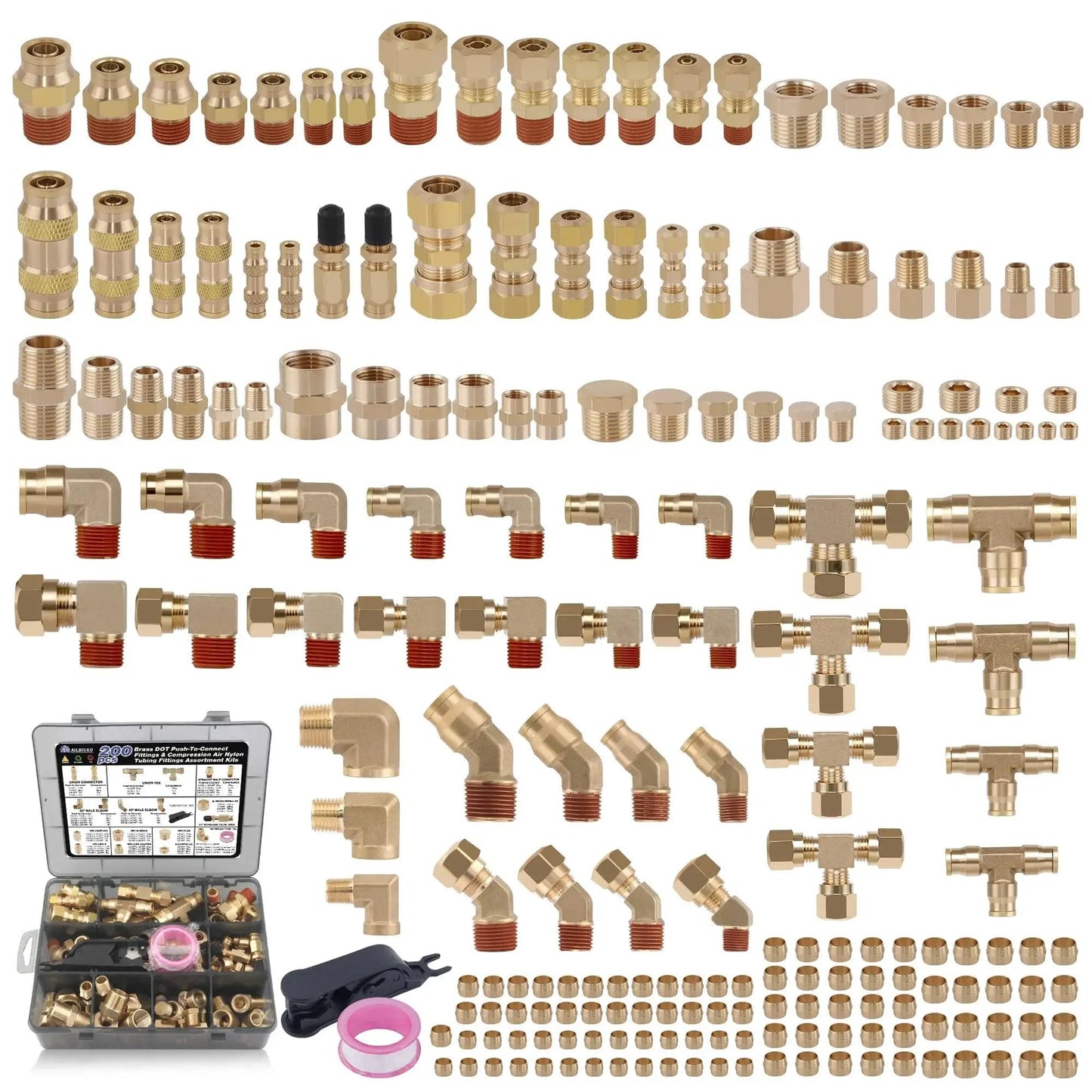 200 Pcs Brass DOT Air Brake Line Fittings And Nylon Tube Compression Fittings Assortment Kit for air hoses, push connect