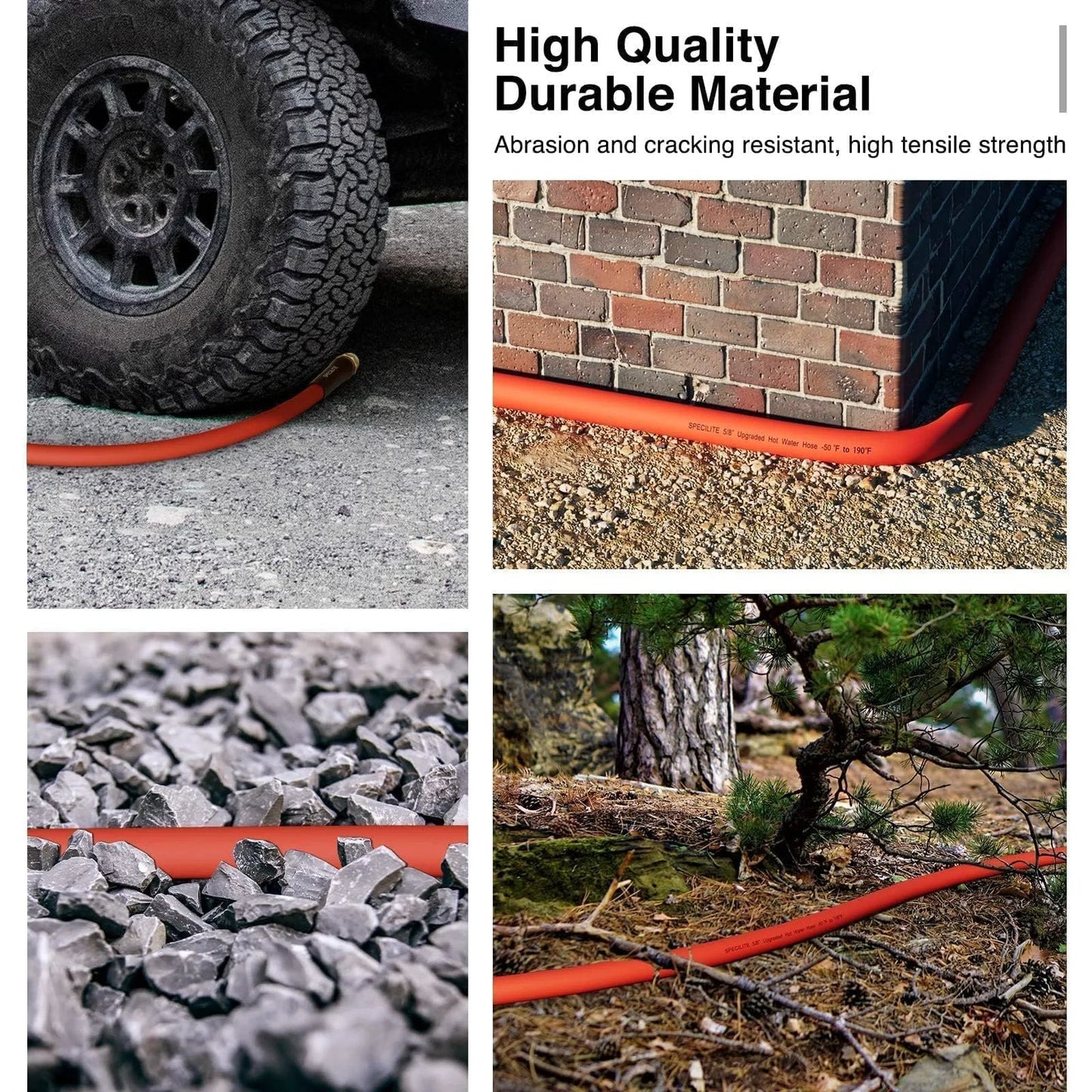 Hot And Cold Rubber Garden Hose Five Eighth Inch Fifty Foot Long With Brass Fittings in various outdoor settings