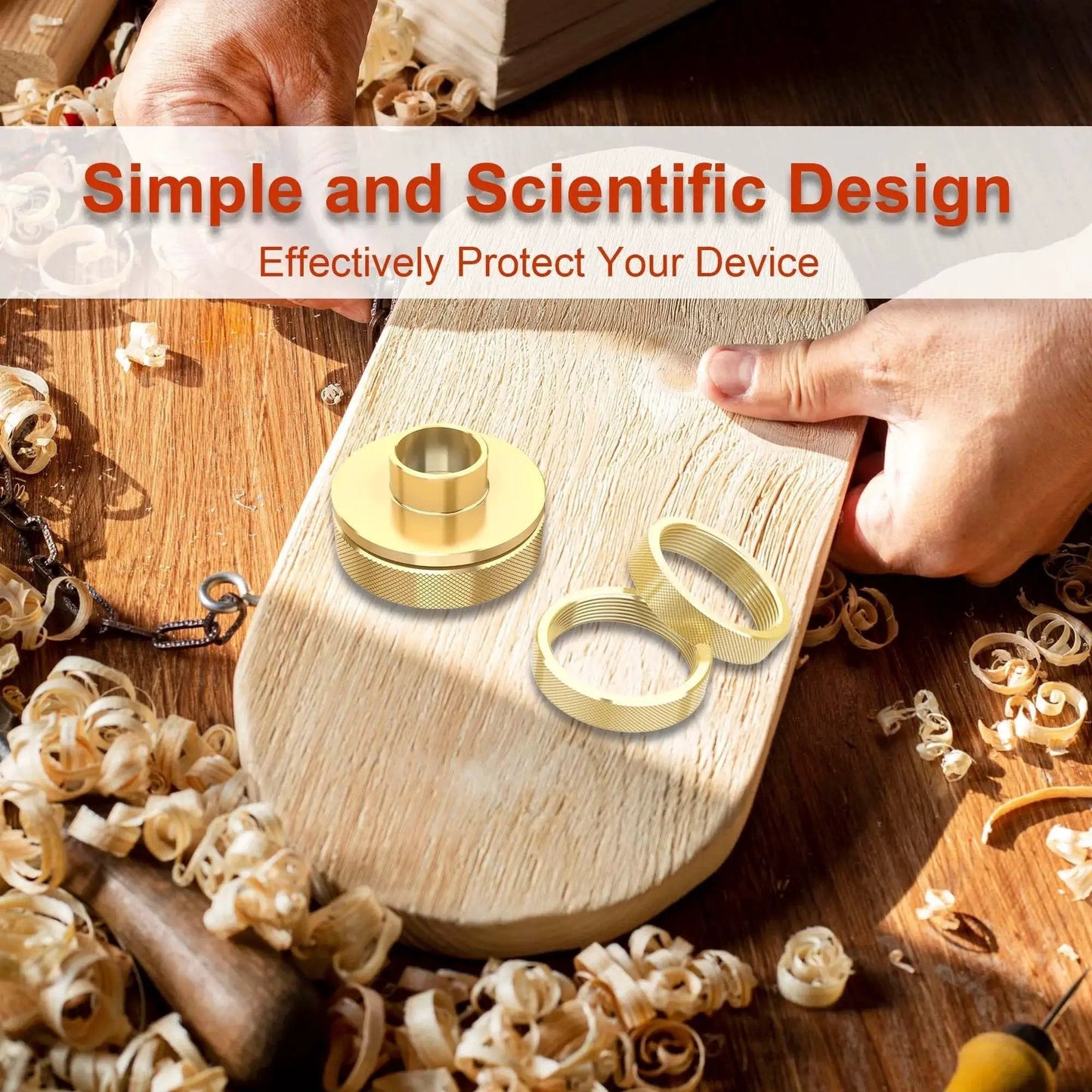 Premium 13 Piece Brass Router Template Bushing Set With Centering Cone showcased on wood surface with woodworking tools