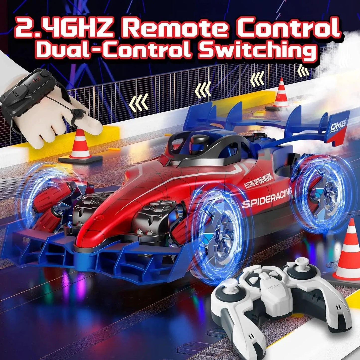 Two Point Four GHz Monster RC Truck With Lights And Music For Off Road Stunts shown with dual remote controls