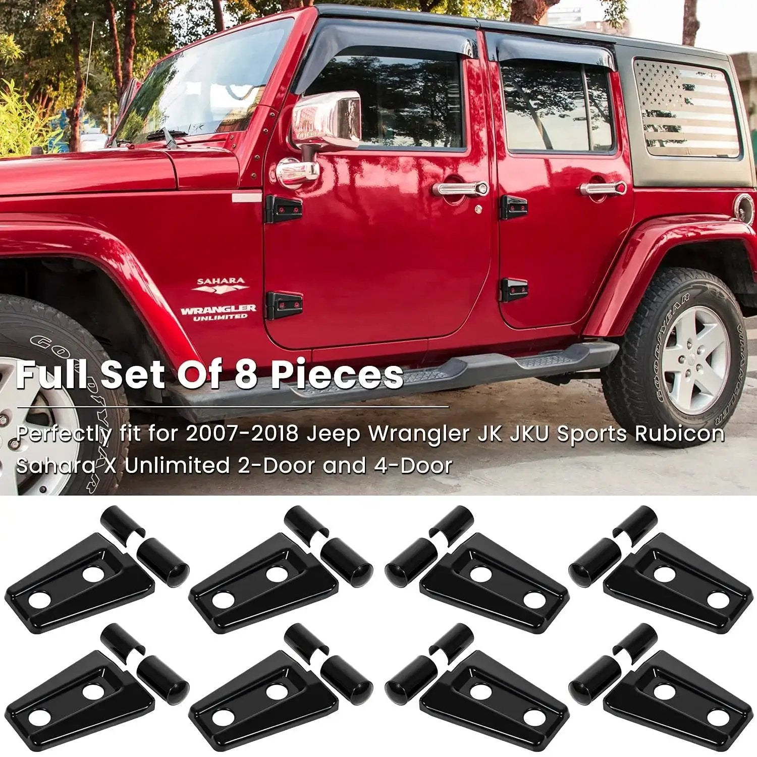 Door Hinge Trim Kit for Wrangler JK JKU 2007-2018 Black 8 Piece installed on red Wrangler