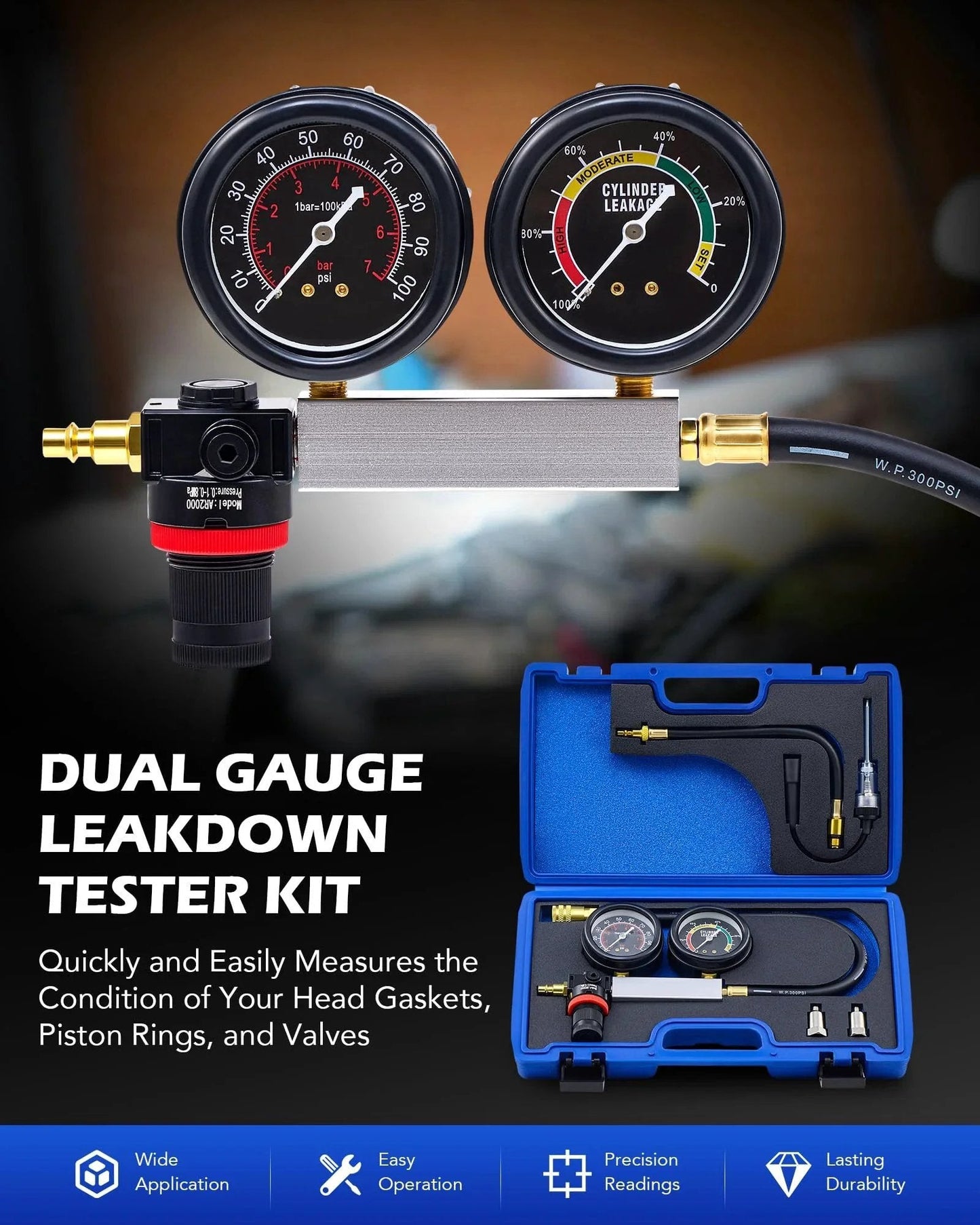 Leak Down Tester Kit For Auto Engines With Dual Gauge Readouts Complete Cylinder Leakage Diagnostic Tool shown in case