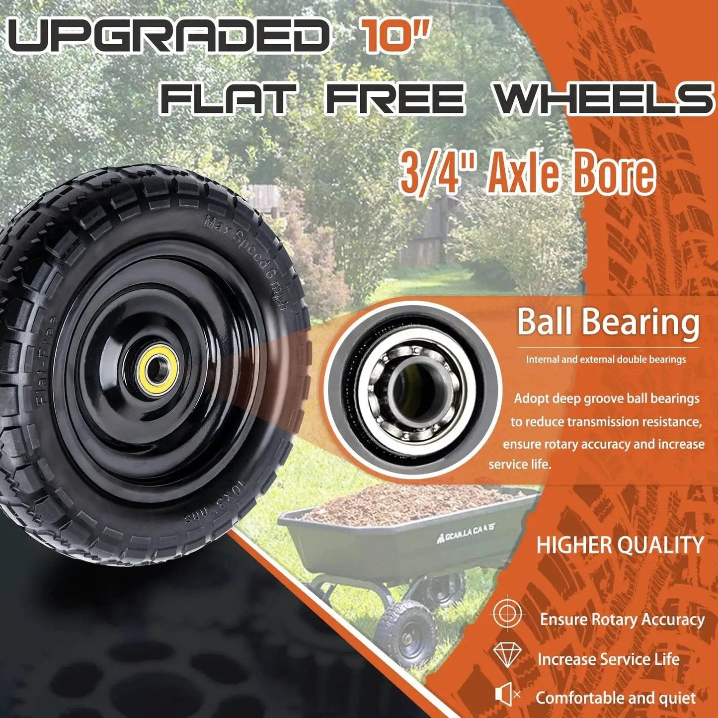 Solid 10 Inch Polyurethane Tires 4.10/3.50-4 Flat Free With 3/4 Inch Bearings And 2.17 Inch Offset Hub, 2-Pack for GOR carts