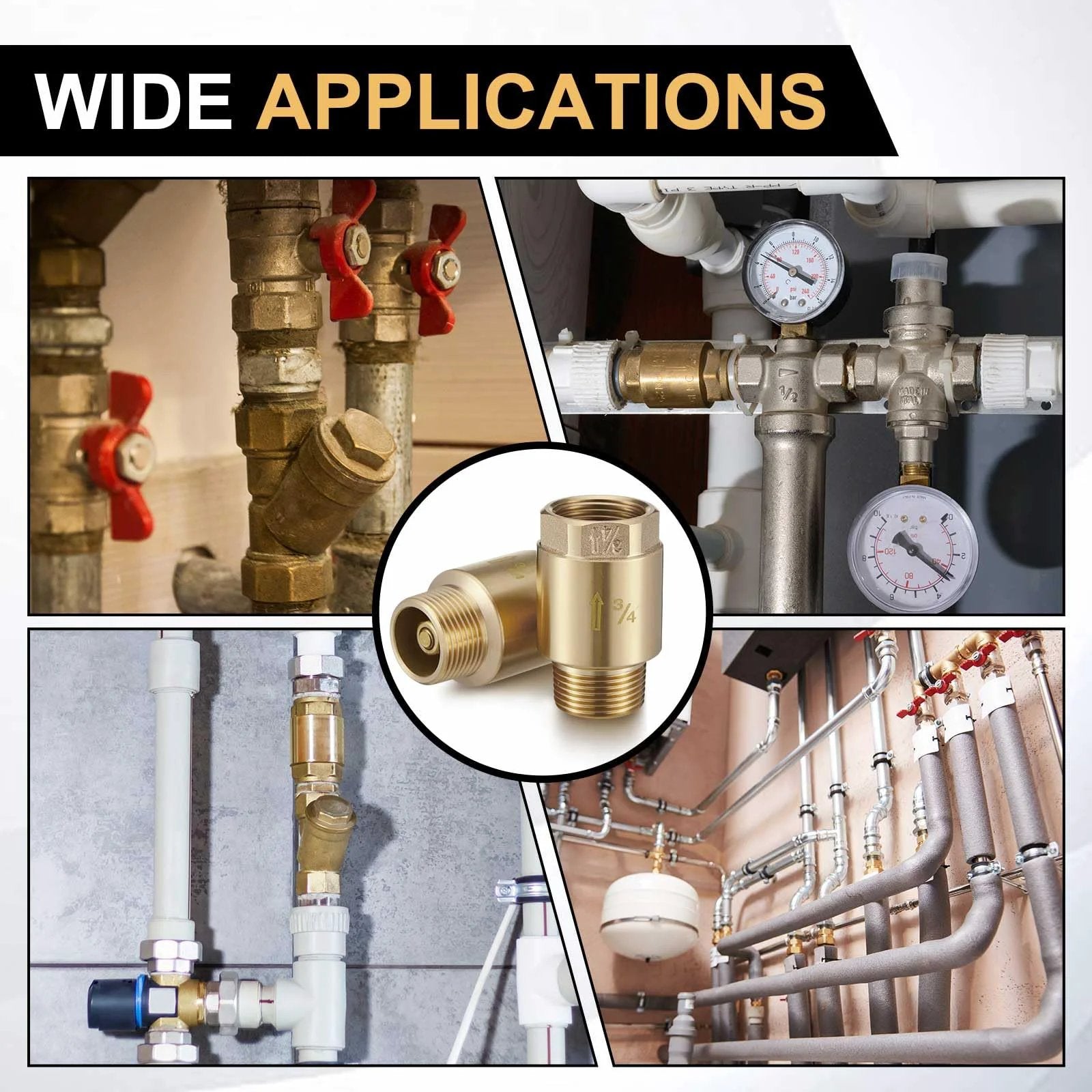 Brass Three Quarter Inch In Line Check Valve Two Pack DIY Friendly With Backflow Prevention visible in various plumbing setups