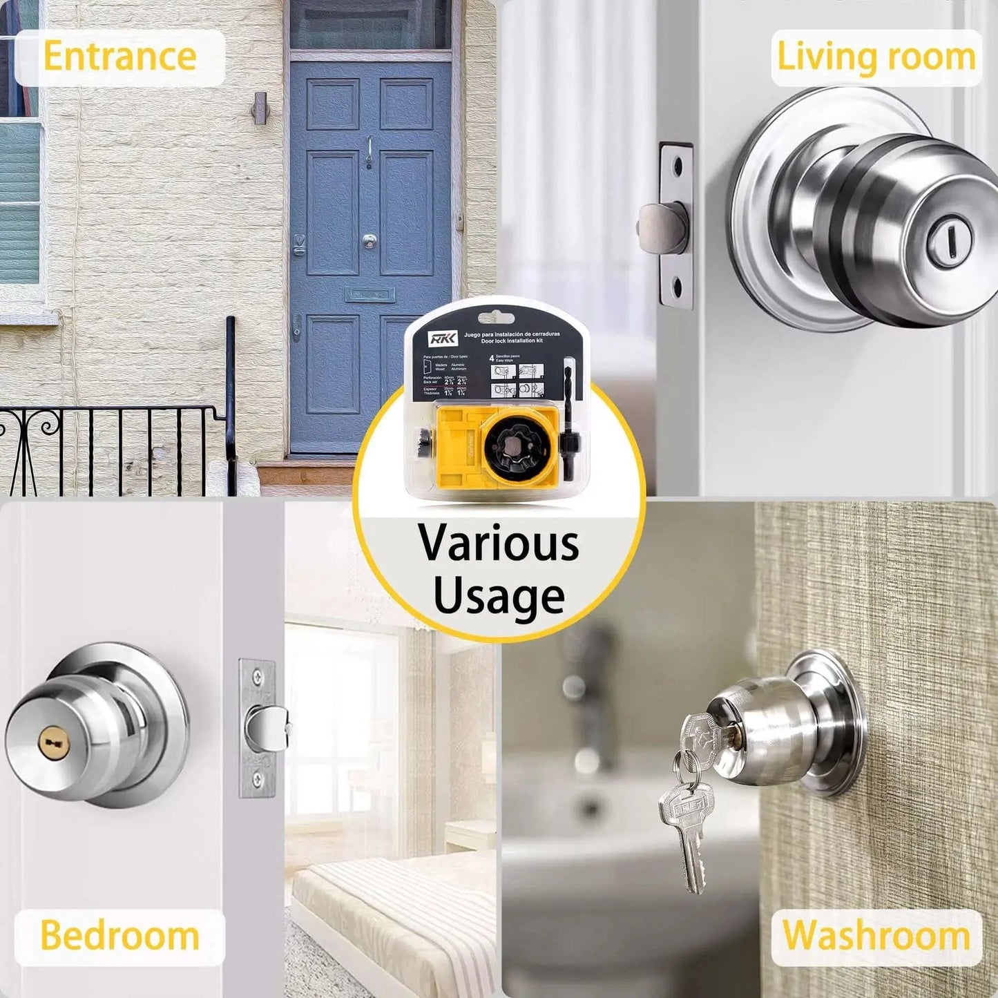 Door Lock Installation Kit For Deadbolt And Door Knob Holes With Adjustable Plastic Guide Template And Two Hole Saws Two And One Eighth Inch And One Inch Must Have For DIYers RKK shown in use on various doors