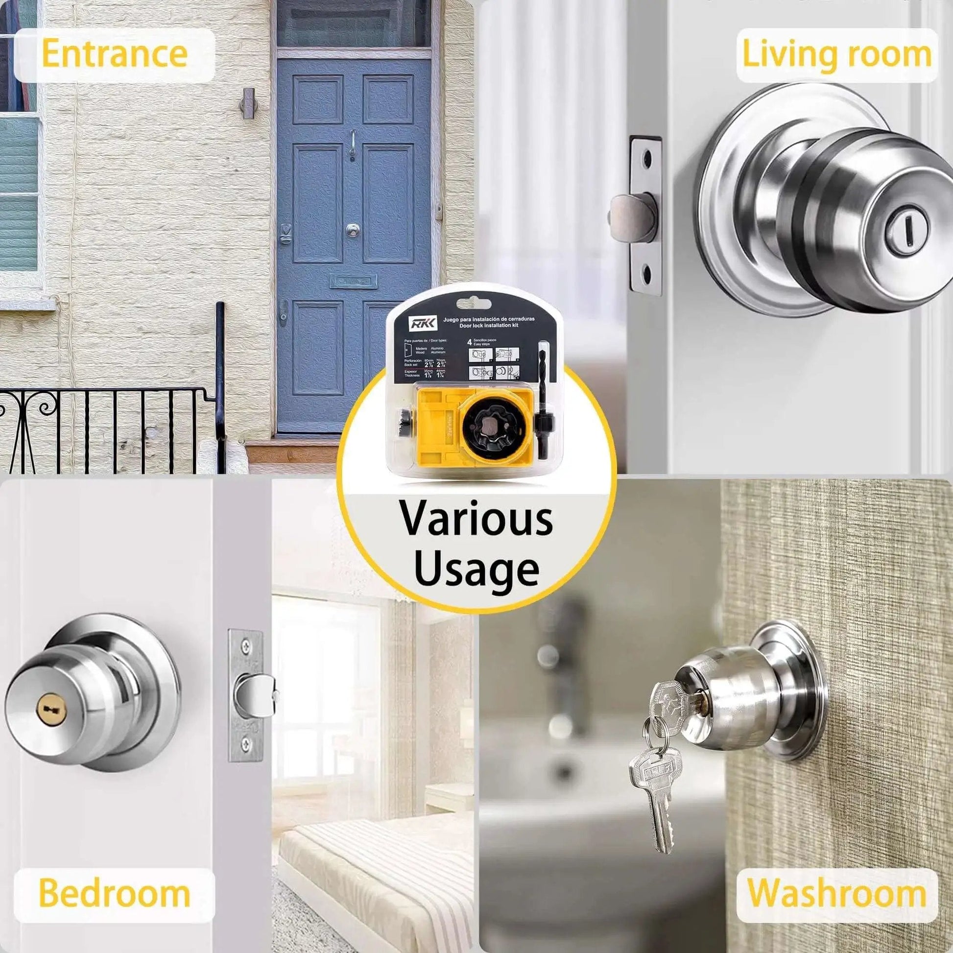 Door Lock Installation Kit For Deadbolt And Door Knob Holes With Adjustable Plastic Guide Template And Two Hole Saws Two And One Eighth Inch And One Inch Must Have For DIYers RKK shown in use on various doors