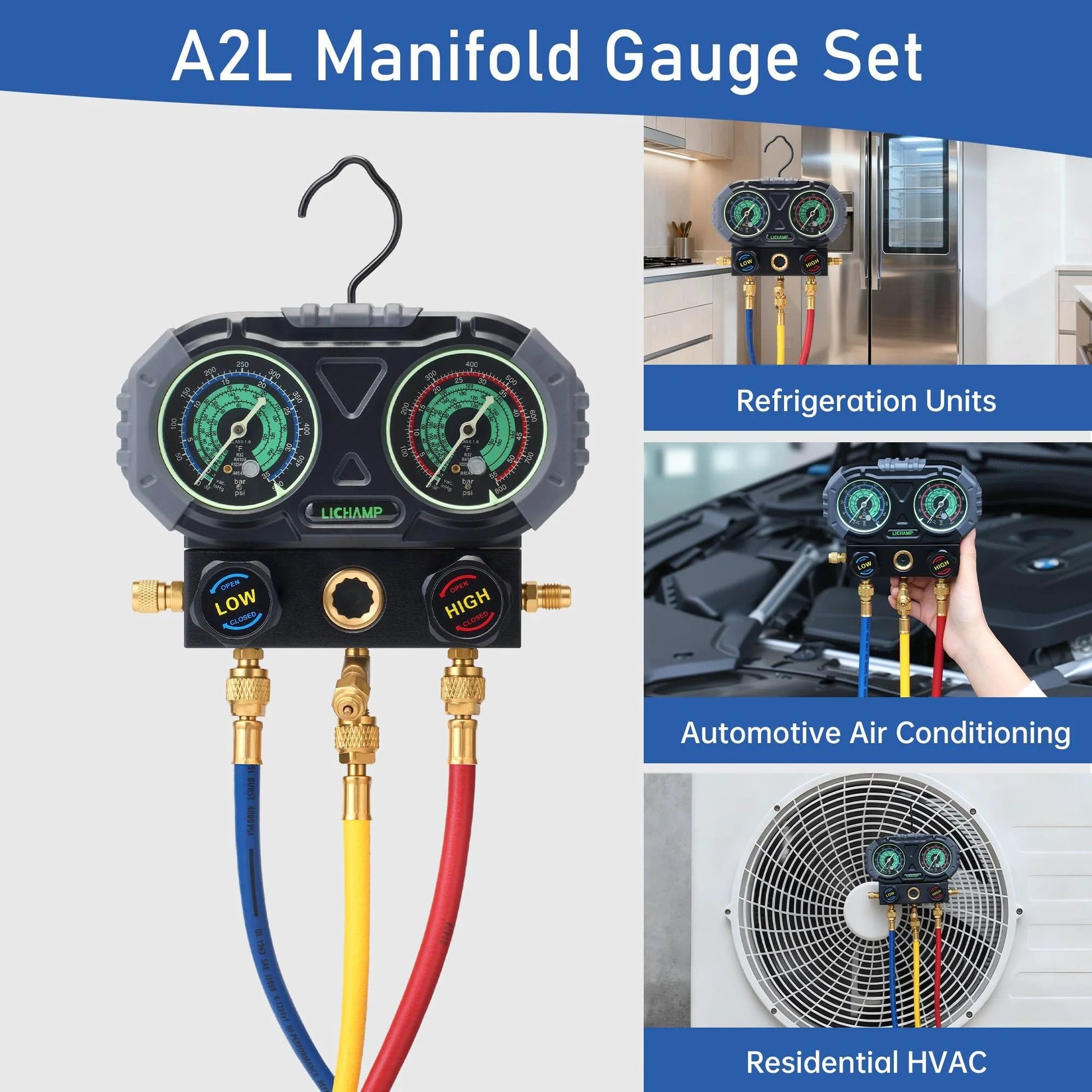 Color Coded A2L Refrigerant Hose Set With Ball Valve Sixty Inch Length One Quarter Inch Left Handed R454B Adapter displayed.