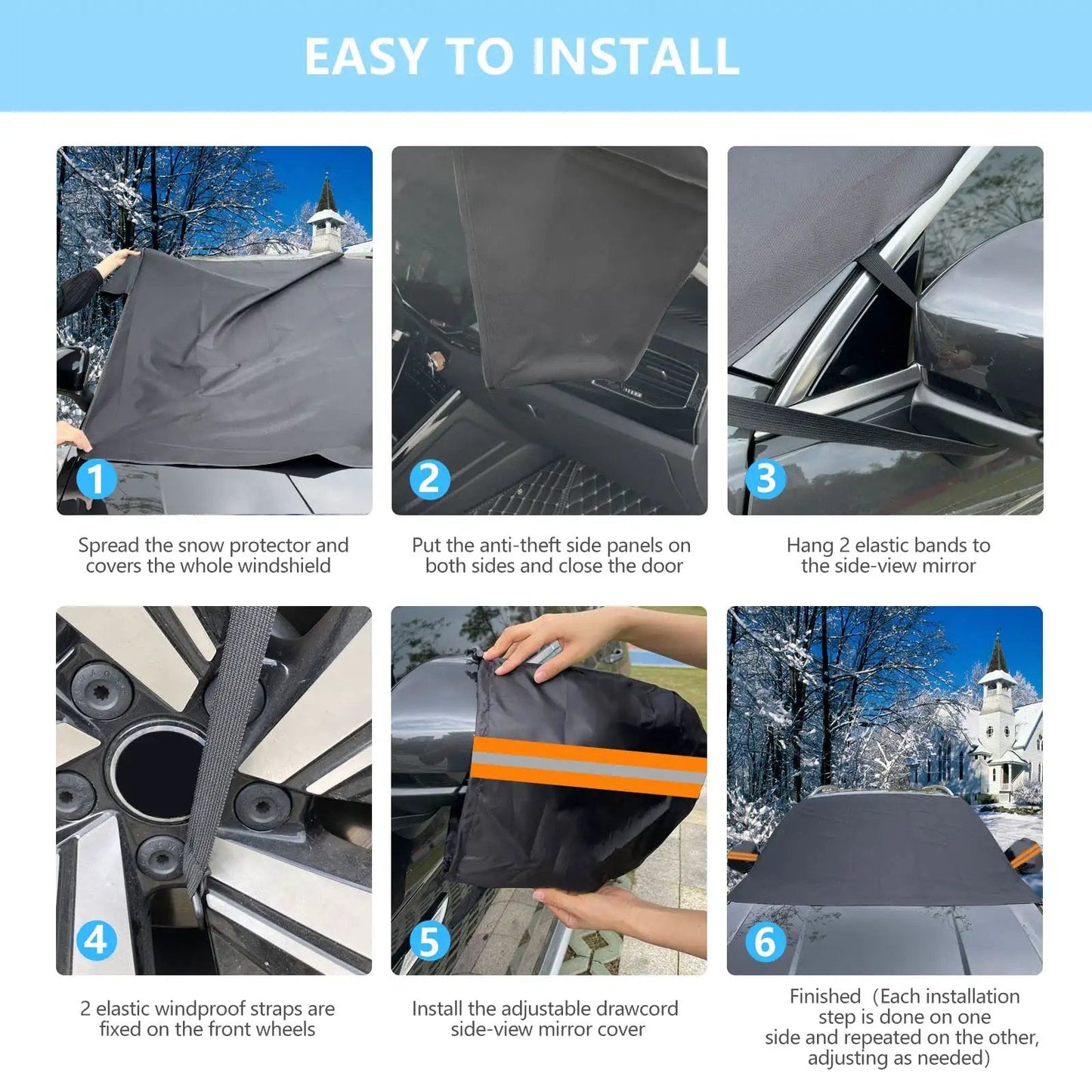 Step-by-step installation of the Thickened All Weather Windshield Cover For Ice And Snow With Side Mirror Covers Waterproof Frost Shield.
