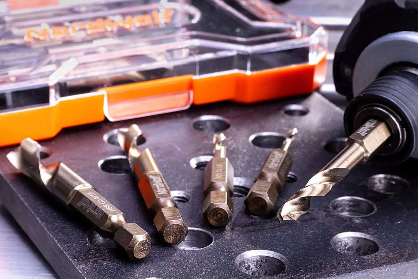 Five-Piece M35 Cobalt Stubby Drill Bit Set For Stainless Steel And Other Hard Metals With One Quarter Inch Hex Shank