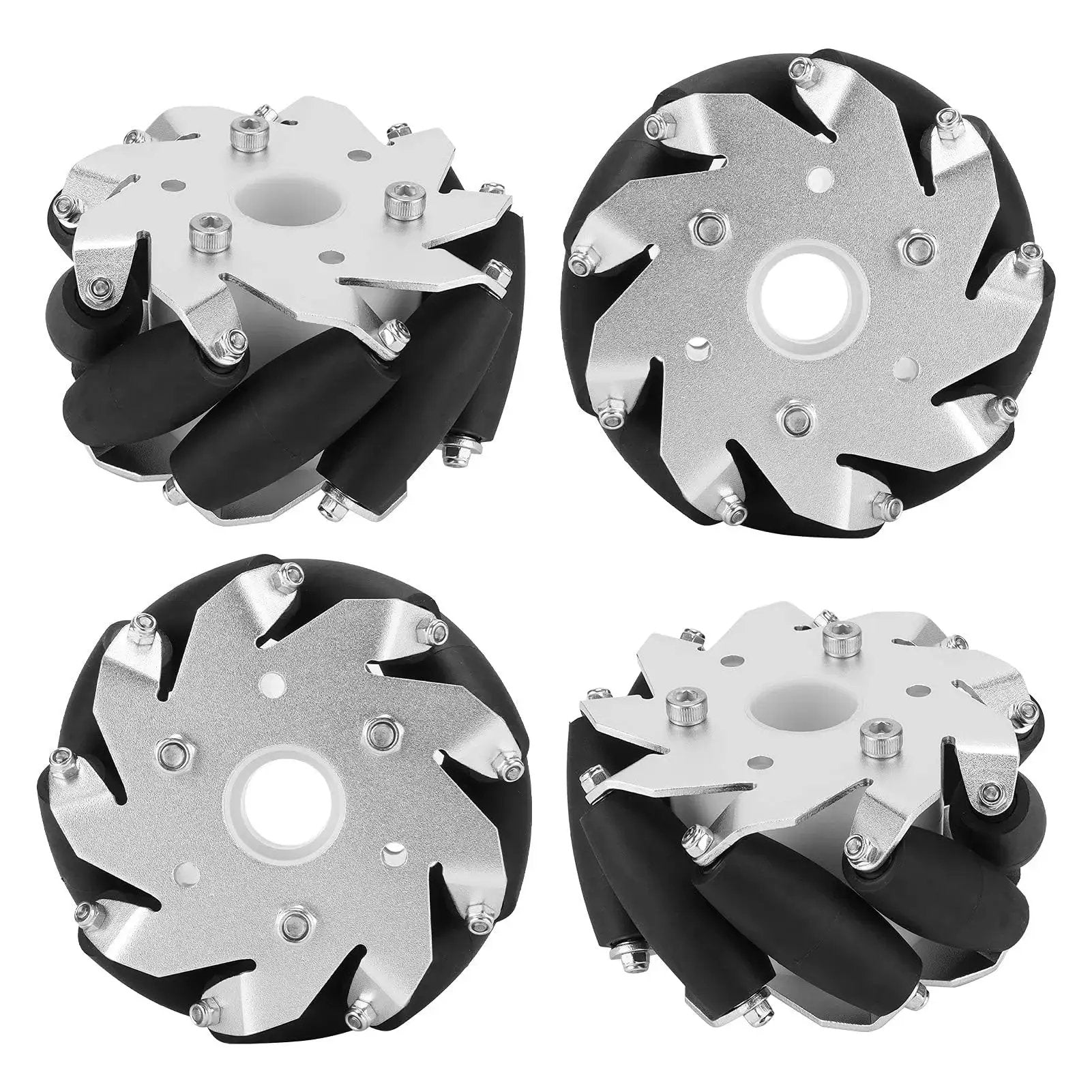 Omni Directional 100mm Mecanum Wheel Set For Robot Cars With Nine Rubber Rollers And Durable Steel Construction Aluminum Alloy Chassis Wheels For RC Cars And Drones Delivers Smooth Multi Directional Navigation In Tight Spaces And Sharp Corners.