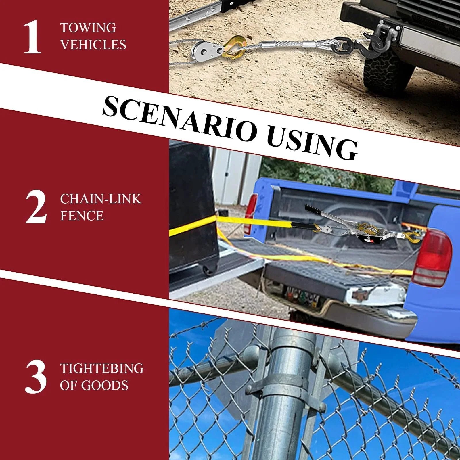 Various uses of the 2 Ton 4480 Lbs Come Along Winch With 7 Foot Steel Cable Dual Gear Ratchet Power Puller in vehicle recovery and chain-link fencing.