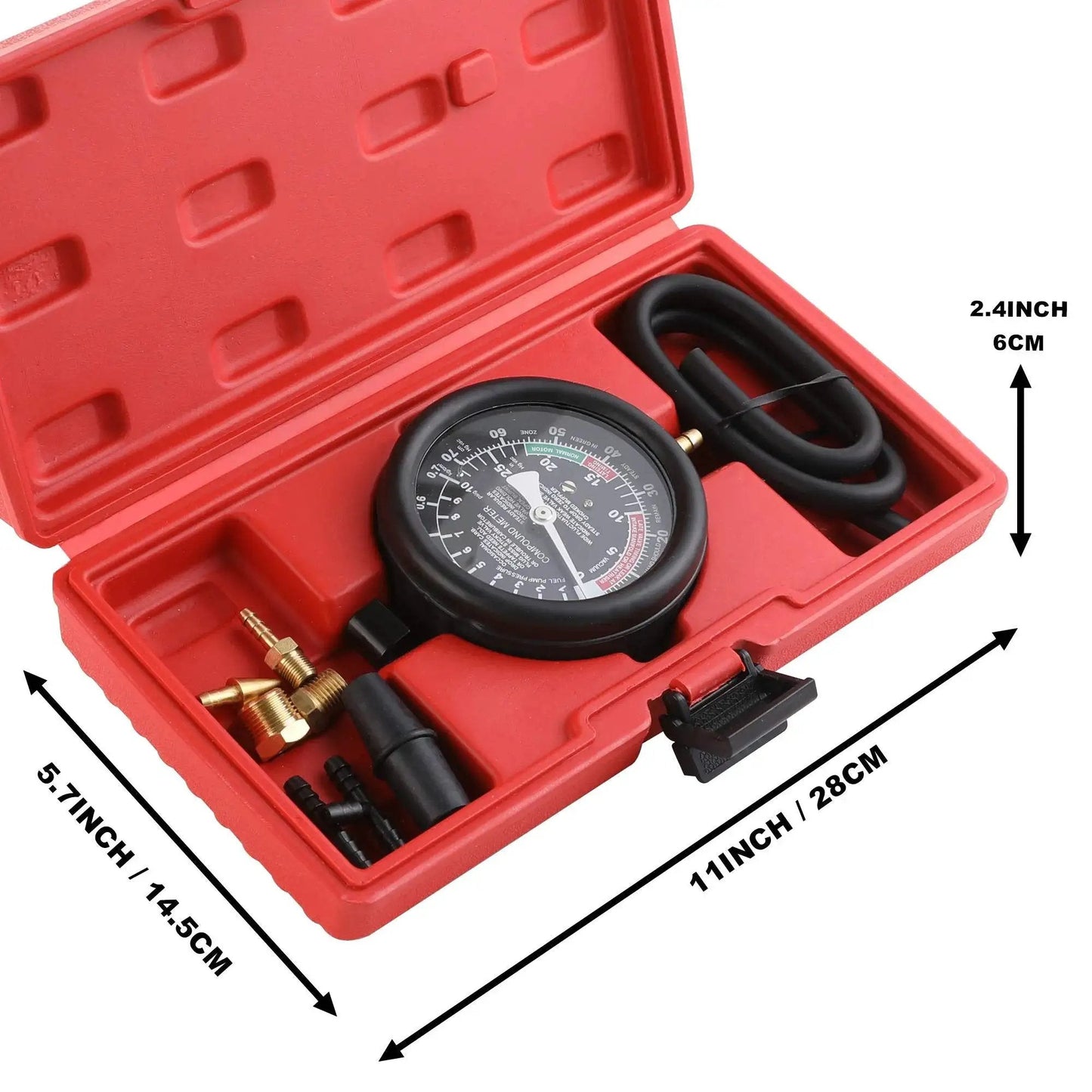 Fuel Pump And Vacuum Carburetor Pressure Tester Gauge Kit For Engine Diagnostics in red case with dial gauge and adapters