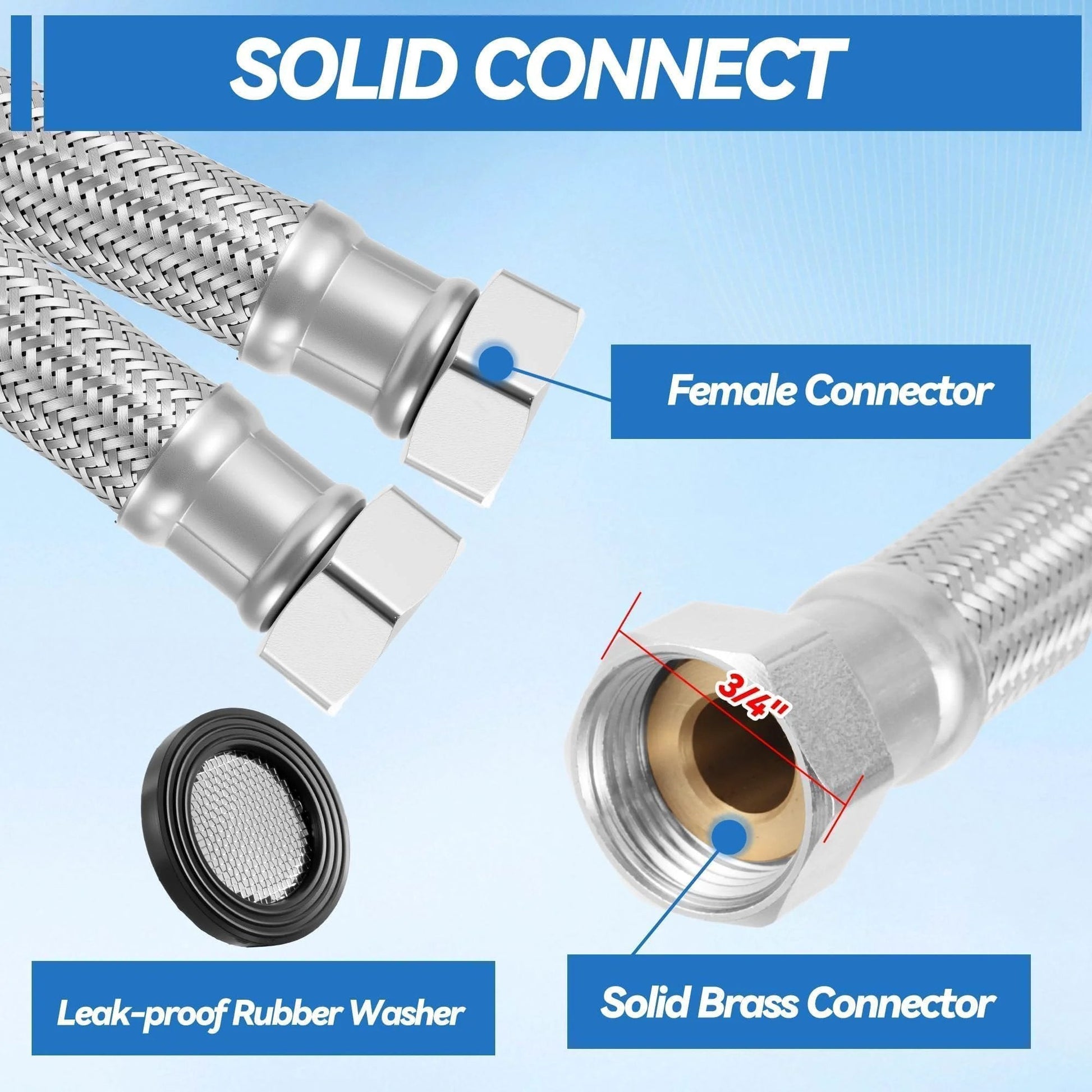 Heavy Duty 5 Foot Garden Hose With EPDM Rubber Core And 304 Stainless Steel Braided Layer No Kink Flexible Water Hose With Three Quarter GHT Dual Female Fittings 1500 PSI Burst Five Eighth Inch Inner Diameter showing leak-proof rubber washer and solid brass connector.