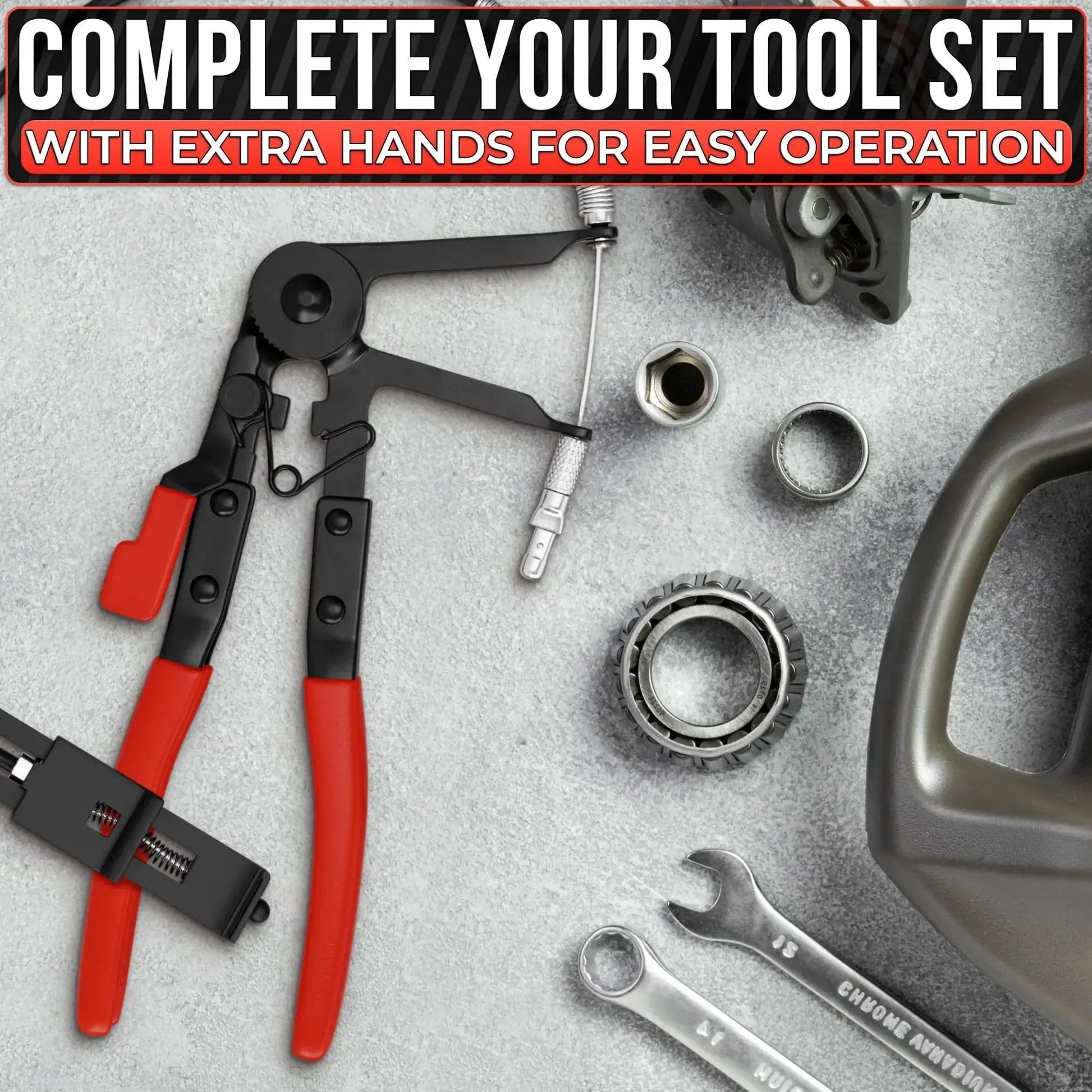 Radiator Hose Clamp Tool With Ratchet Locking Pliers For Easy One-Hand Operation, with red handles, 8.2in length, shown on a workshop table.