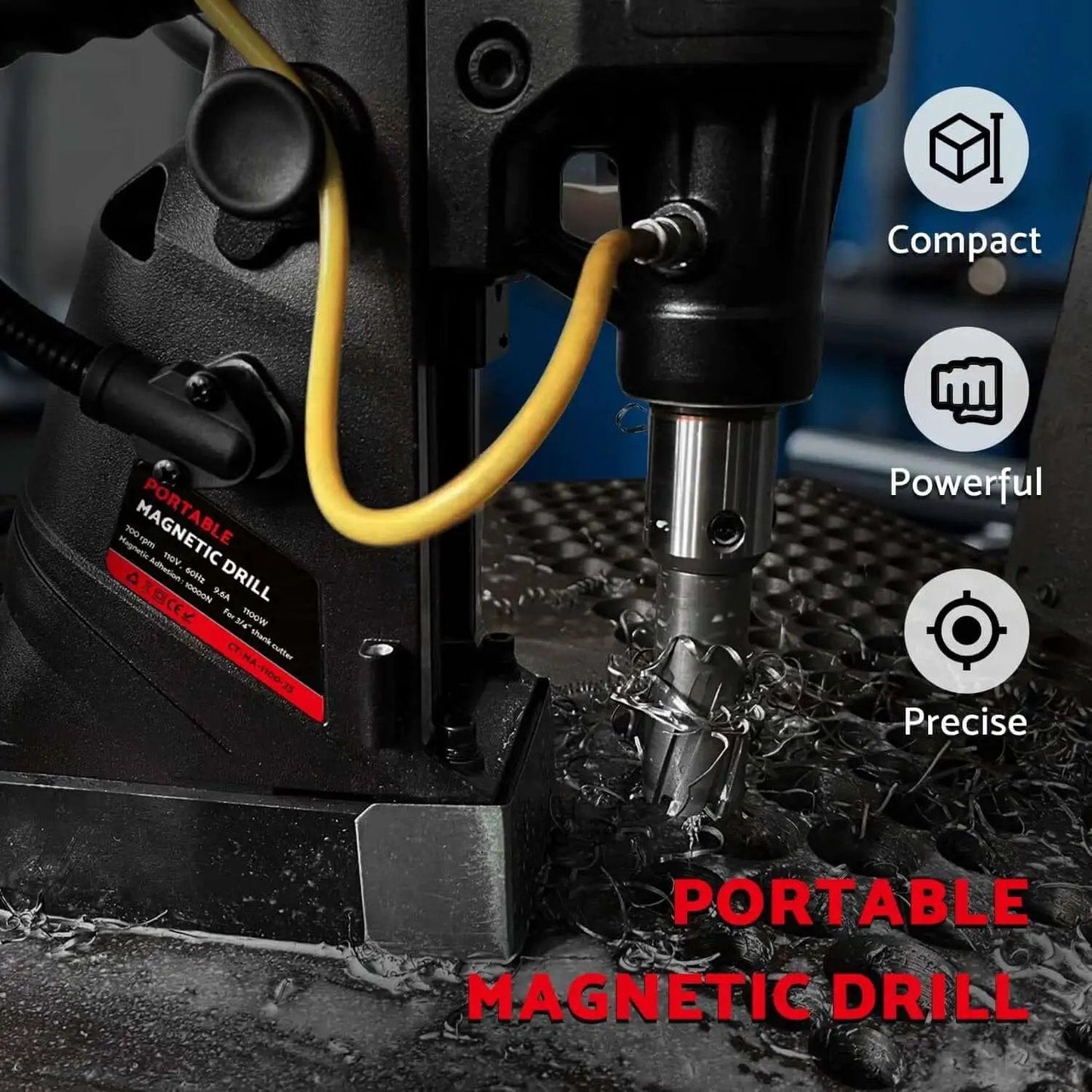 Magnetic Drill Press Kit 1100W Portable, 700 RPM No Load, 2 Inch Depth of Cut, 1-9/16 Inch Max Bore, Carrying Case, metal drilling