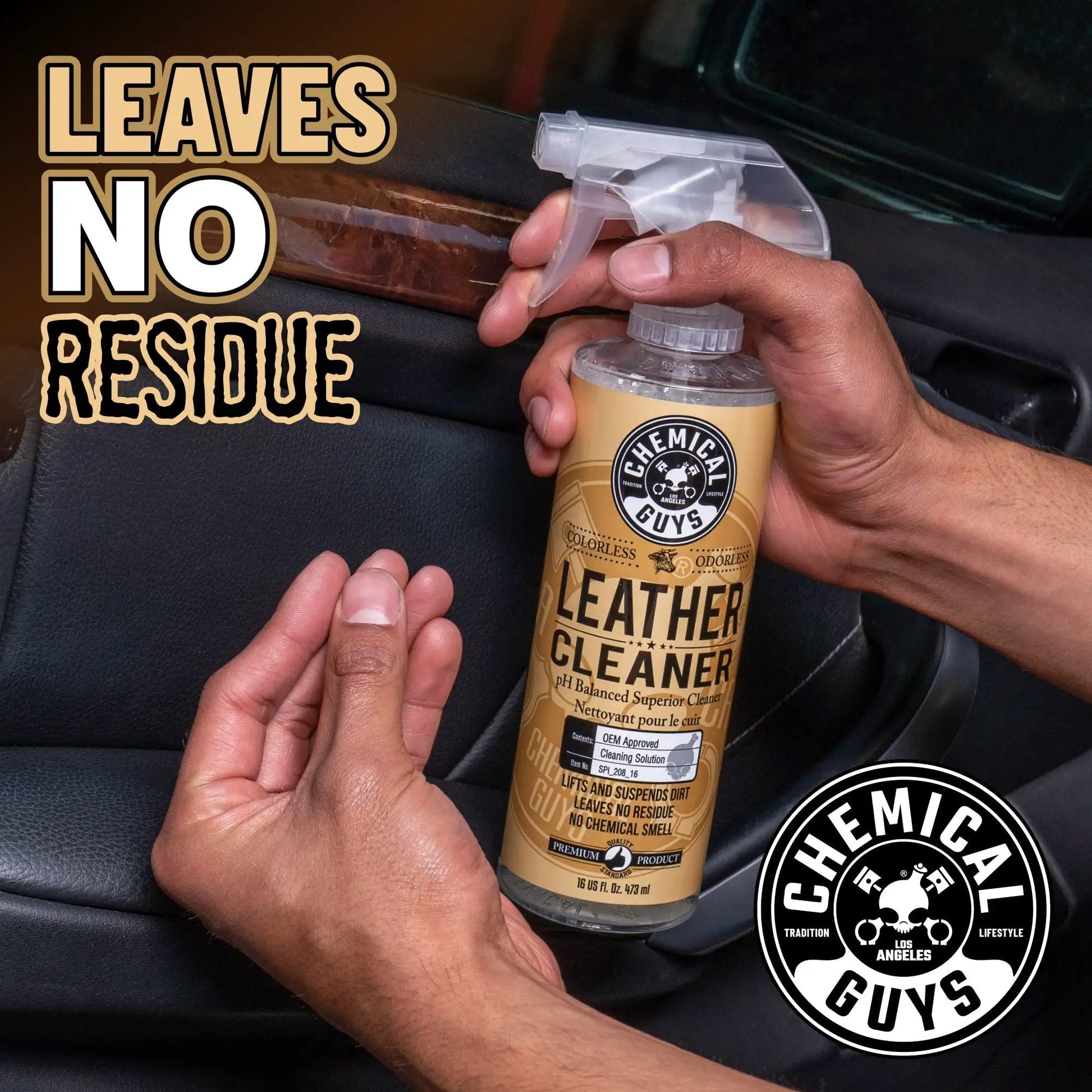 Leather Cleaner For Cars And Home Interiors Colorless Odorless No Fuss Formula Safe On Natural And Synthetic Leather Pleather And Faux Leather Removes Dirt Grease Oils Sweat 473 Ml held in hands near car interior.