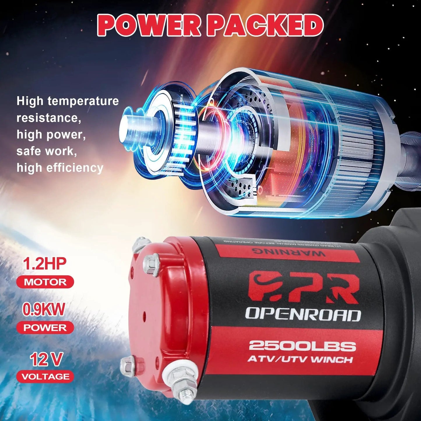 Beefed Up Heavy Duty 2500 Lb 12V ATV UTV Winch With Waterproof Electric Motor showing 1.2HP motor and specifications.