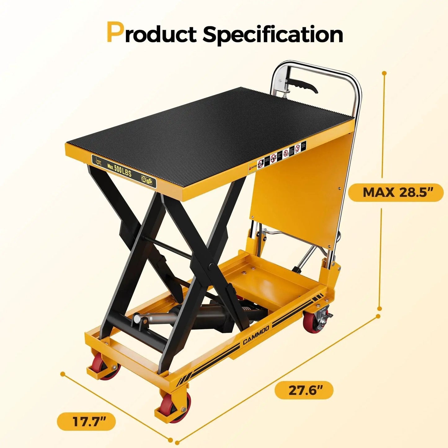 Foldable Hydraulic Lift Table Cart 500lb Capacity With Non Slip Pad 28.5 Inches showing dimensions and features