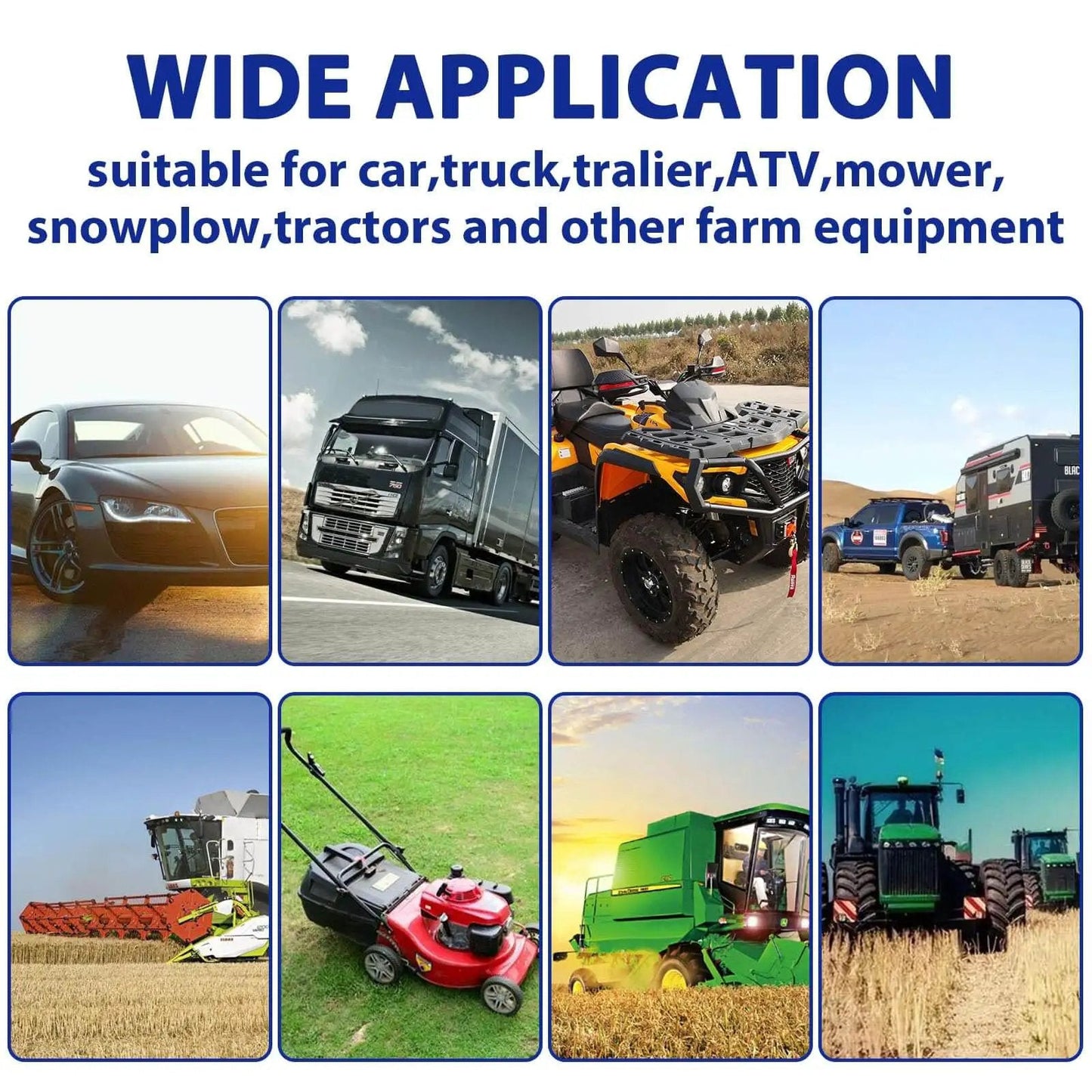 Image showing cars, trucks, ATVs, mowers, and farm equipment illustrating application of 420 Piece Heavy Duty Pin Kit.