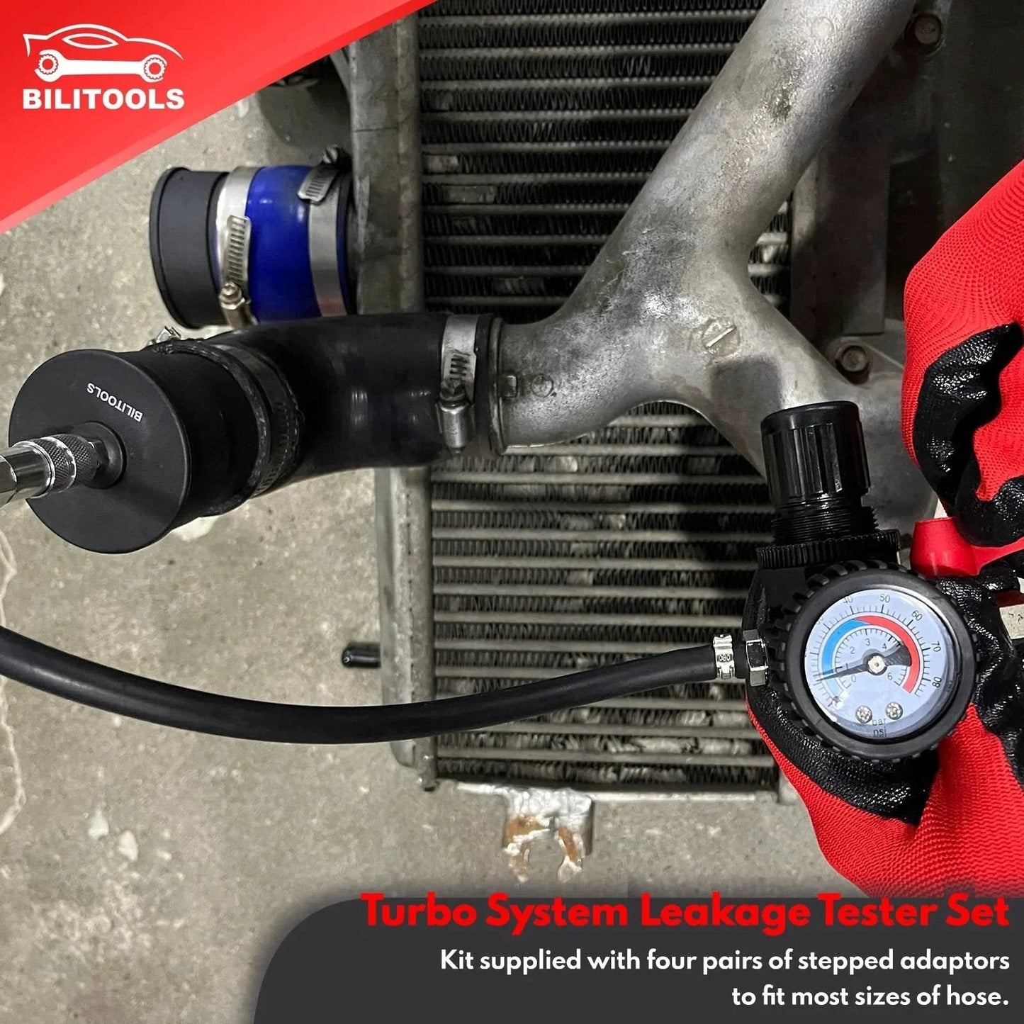 Turbo System Leakage Tester Kit for Turbocharger and Boost Lines Nine Piece Set With Low Pressure Shop Air in use on pipes