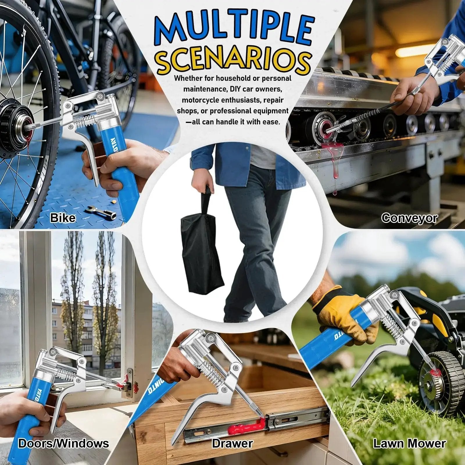 All-In-One Mini Grease Gun Kit With 3oz Cartridges, 12-Inch Hose, 3000 PSI Leak-Proof in various usage scenarios like bike and lawn mower.