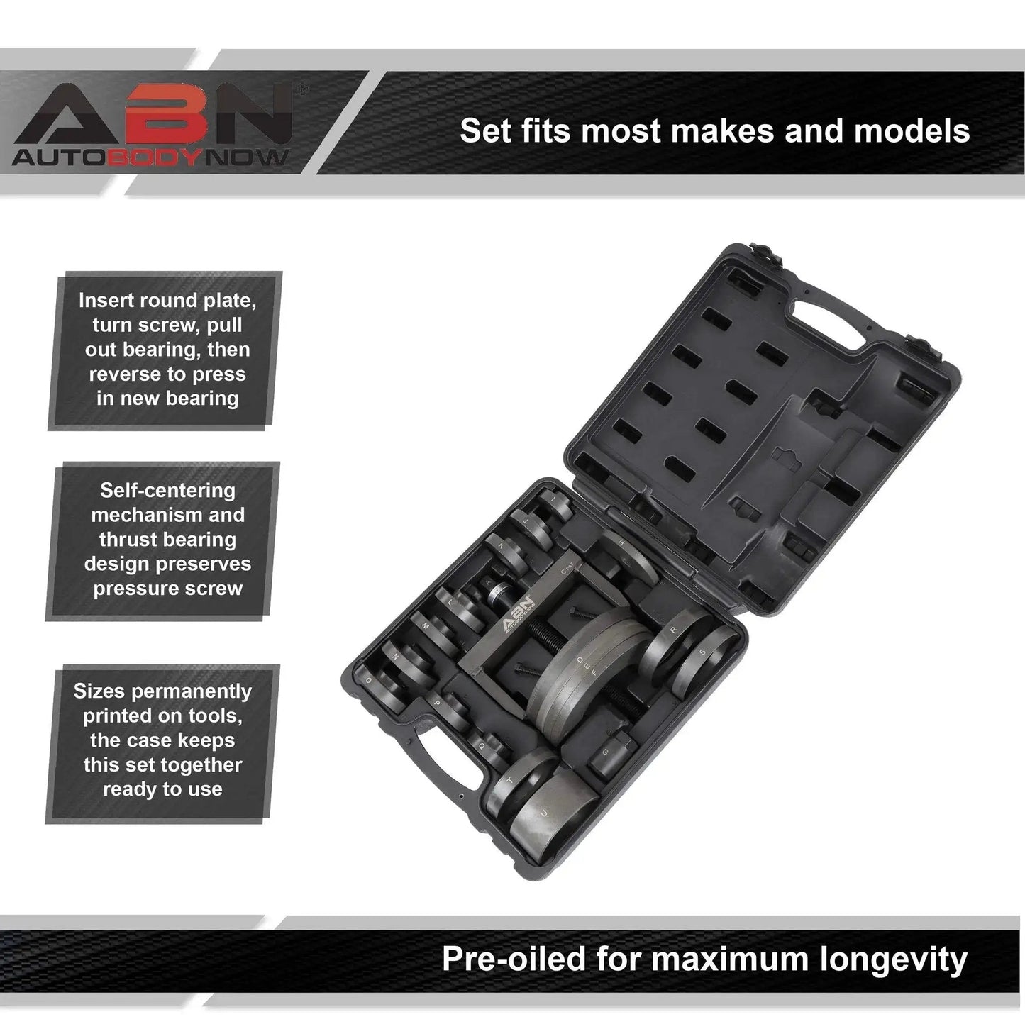 Universal Wheel Bearing Puller Kit And Hub Removal Tool in open case showing 21-piece set with instructions