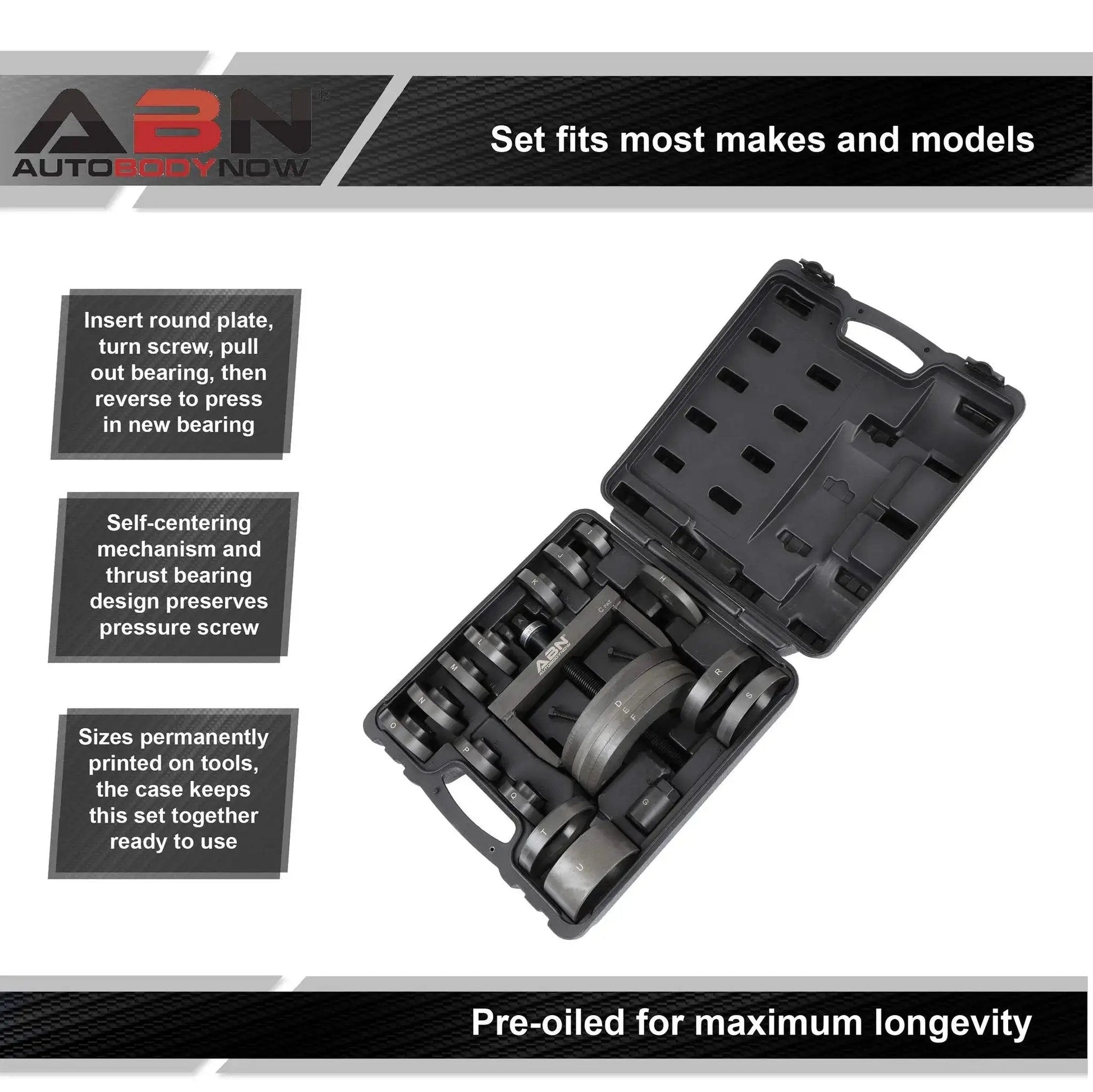 Universal Wheel Bearing Puller Kit And Hub Removal Tool in open case showing 21-piece set with instructions