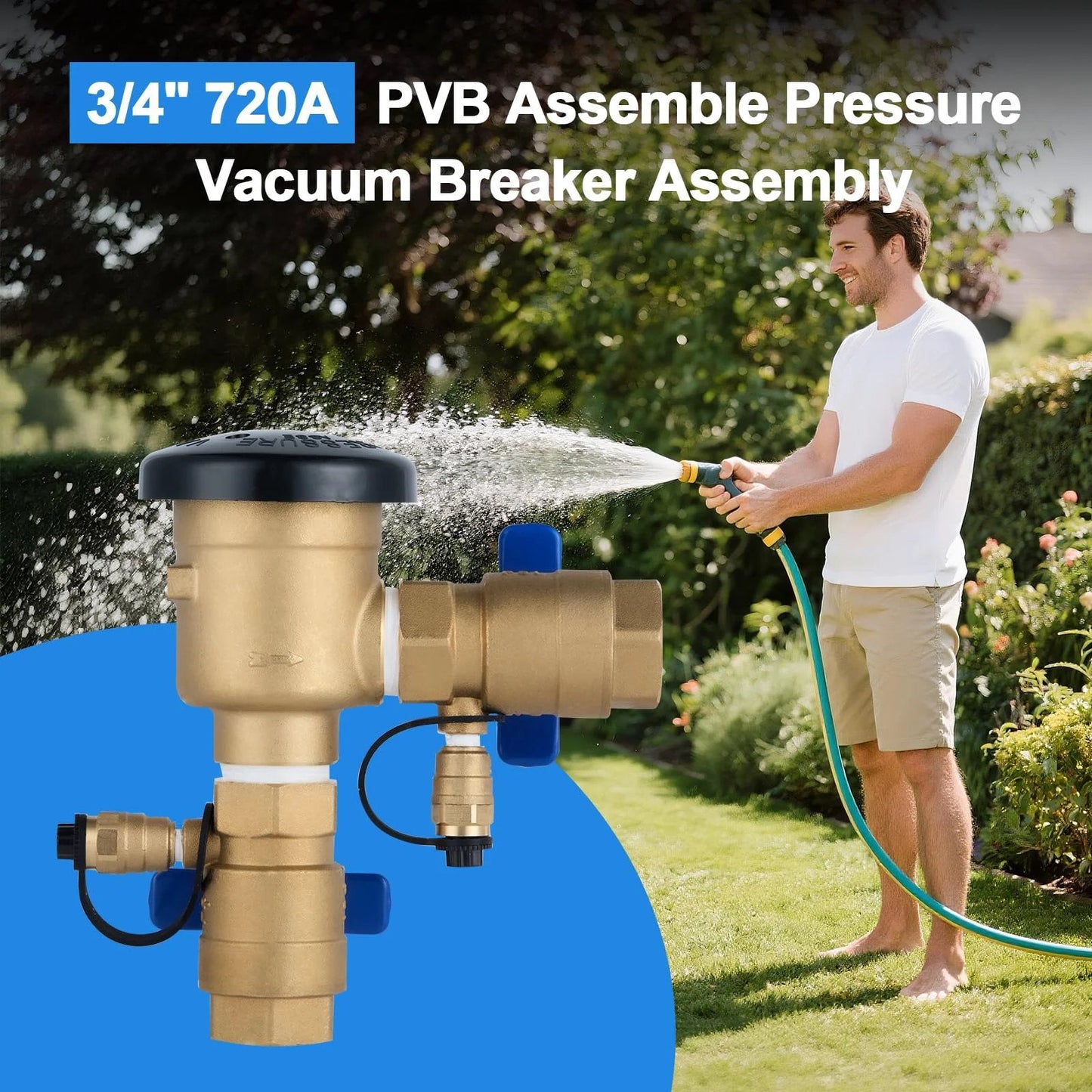 Heavy Duty Three Quarter Inch Brass Pressure Vacuum Breaker Assembly Backflow Preventer For Lawn Irrigation Systems Garden Sprinklers Outdoor Water Lines Anti Siphon Protection Up To 400 PSI shown with man watering garden