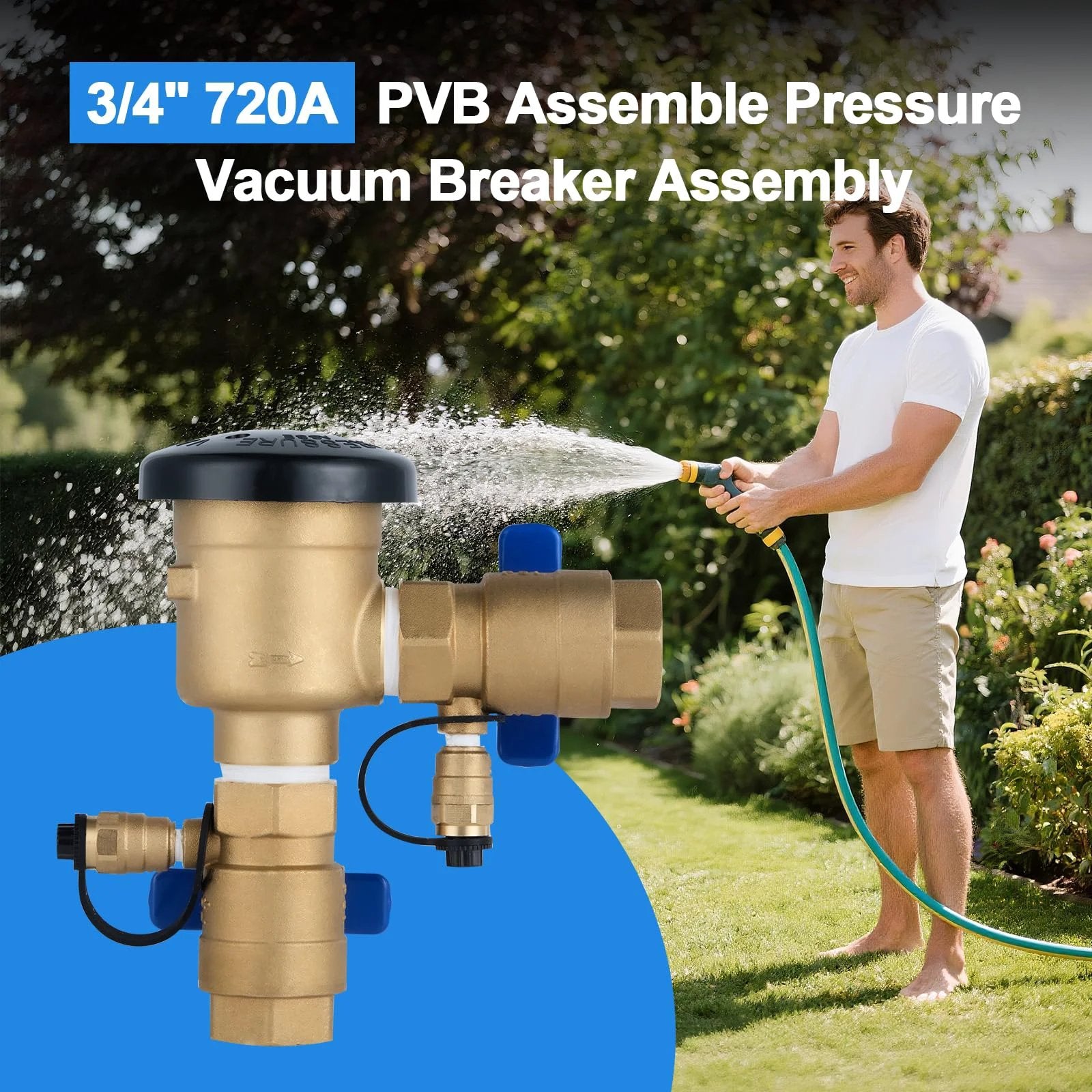 Heavy Duty Three Quarter Inch Brass Pressure Vacuum Breaker Assembly Backflow Preventer For Lawn Irrigation Systems Garden Sprinklers Outdoor Water Lines Anti Siphon Protection Up To 400 PSI shown with man watering garden