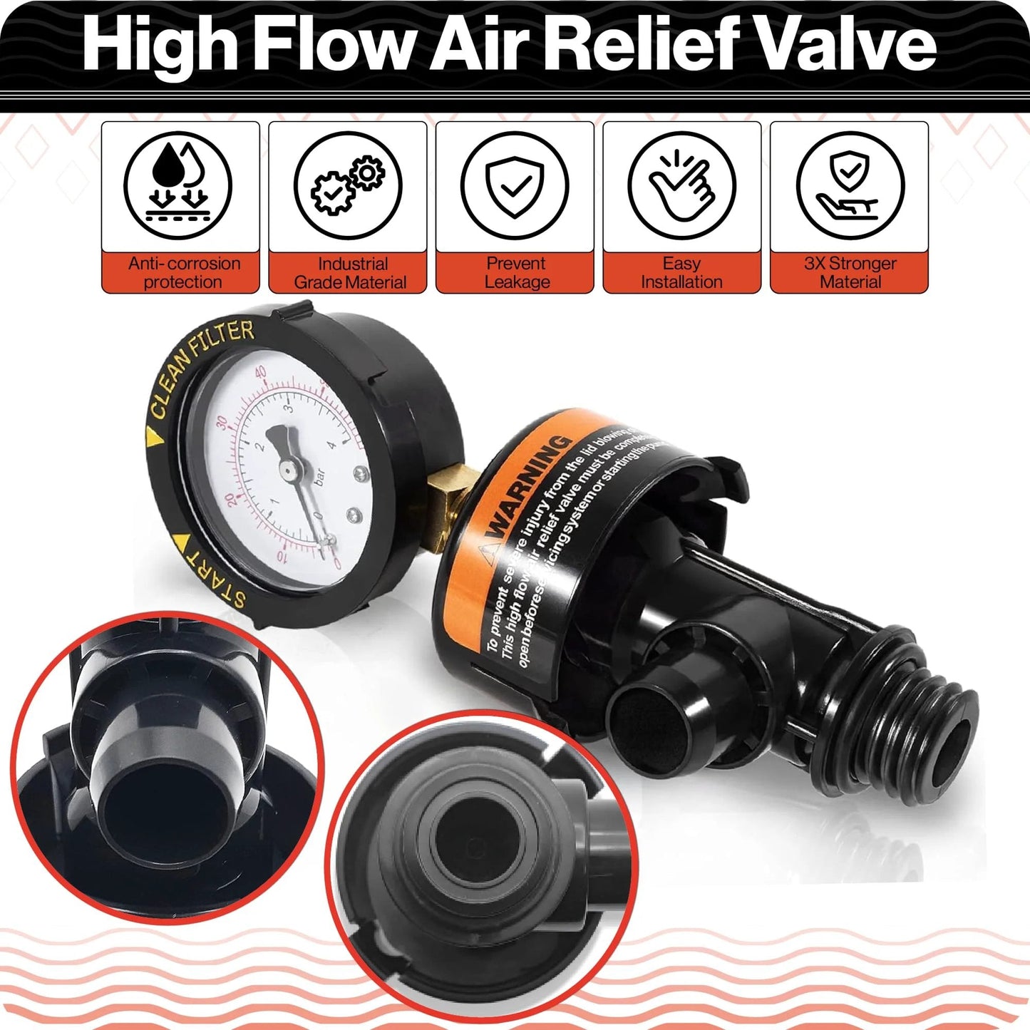 High flow air relief valve with gauge for Pentair pool filters, compatible with FNS, FNS Plus, Clean and Clear, DE 60-100.