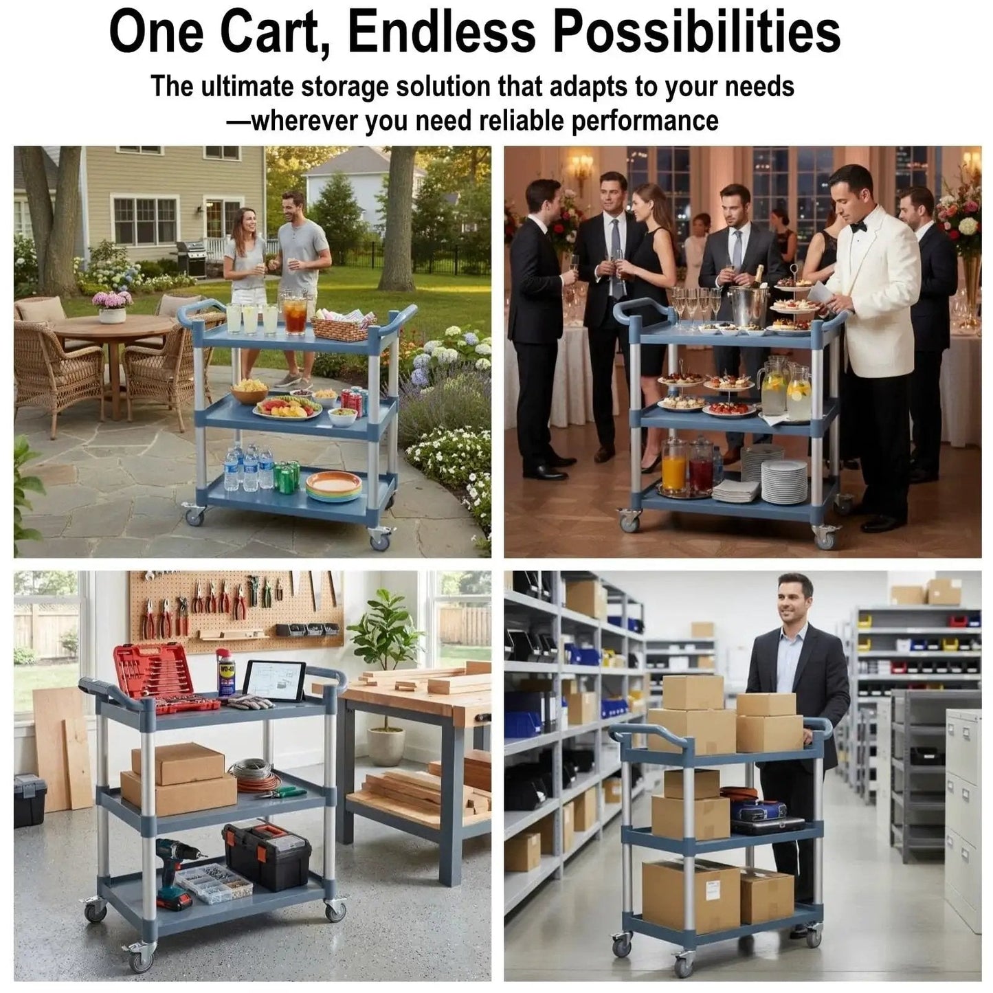 Three Tier Rolling Utility Cart On Wheels With 510 Lbs Capacity And Four Lockable Swivel Casters in various settings
