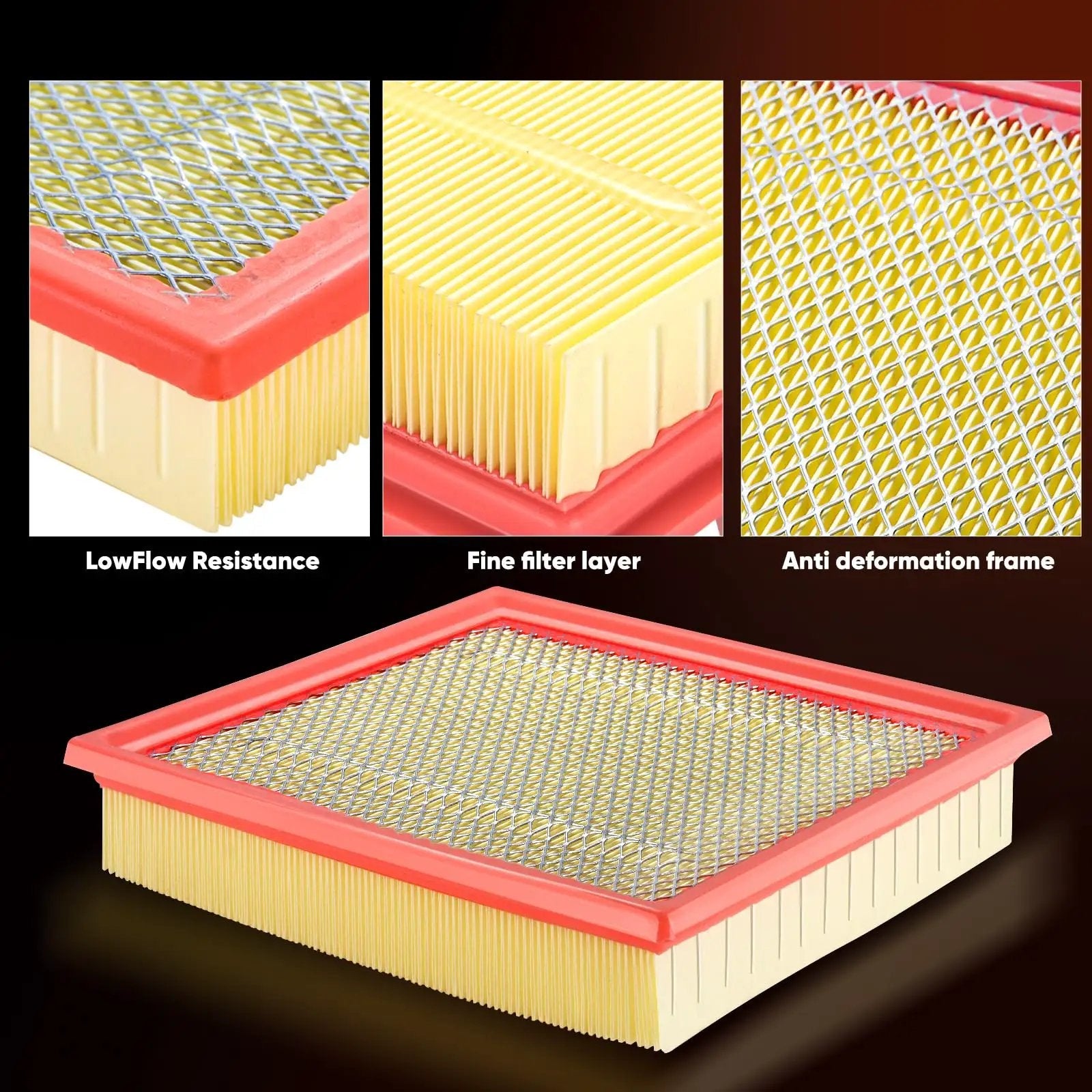 Engine Air Filter Replacement For Ford Expedition F150 F250 F350 And Lincoln Navigator 2007 To 2021, showing fine filter layers and red frame.