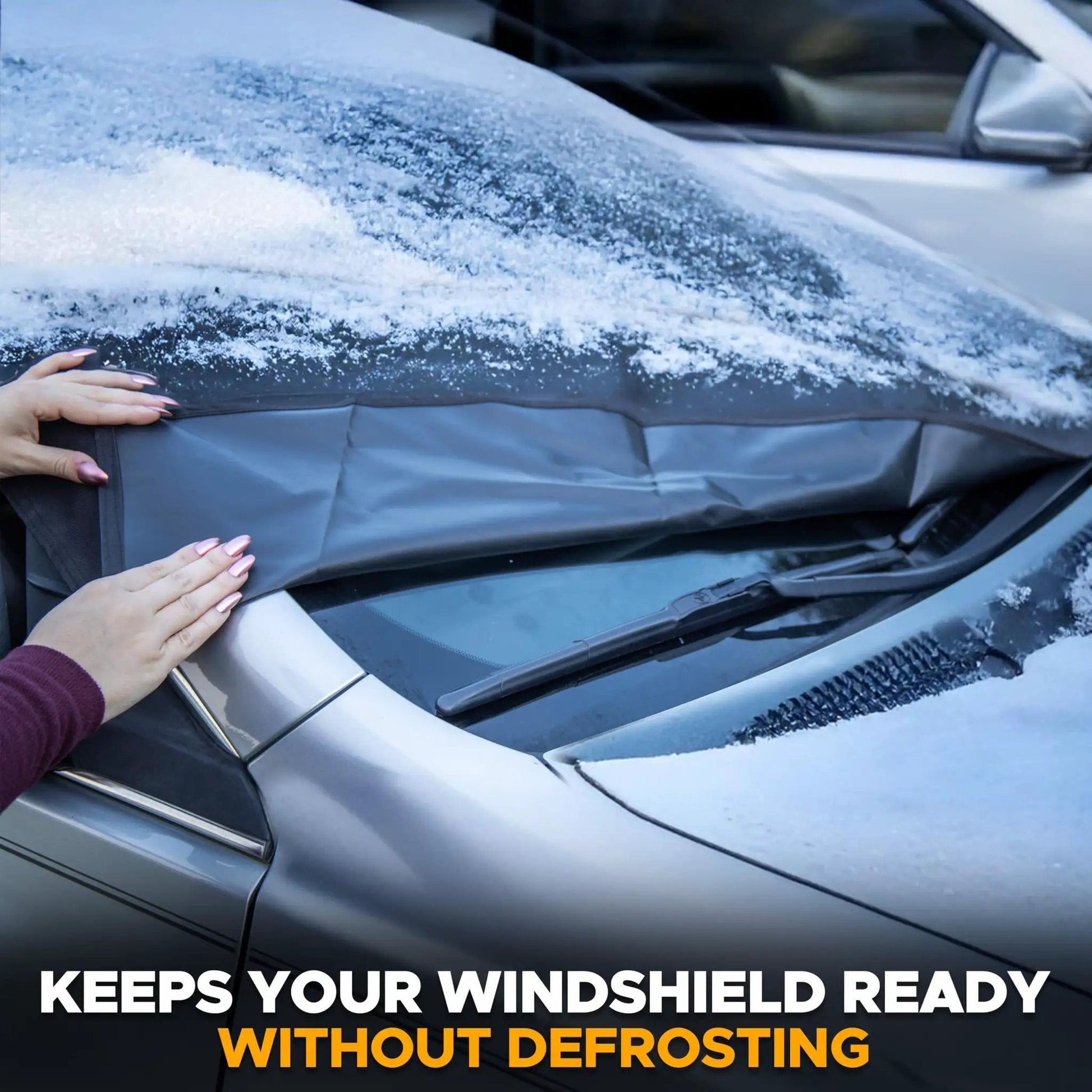 Close-up of Heavy Duty 600D Oxford Fabric Windshield Cover for Ice and Snow, Medium 69x42, installed on a vehicle.