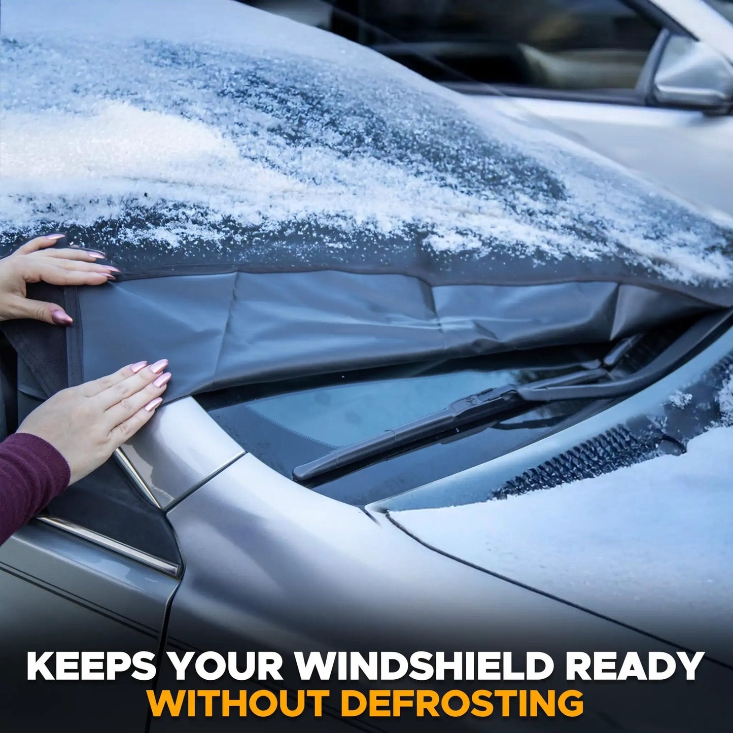 Windshield Cover For Ice And Snow Universal Fit For Car SUV And Truck Heavy Duty 600D Oxford Fabric Frost Protector With Anti Theft Straps Medium 69 By 42 Inches Keeps Windshield Clear installed on a car windshield.