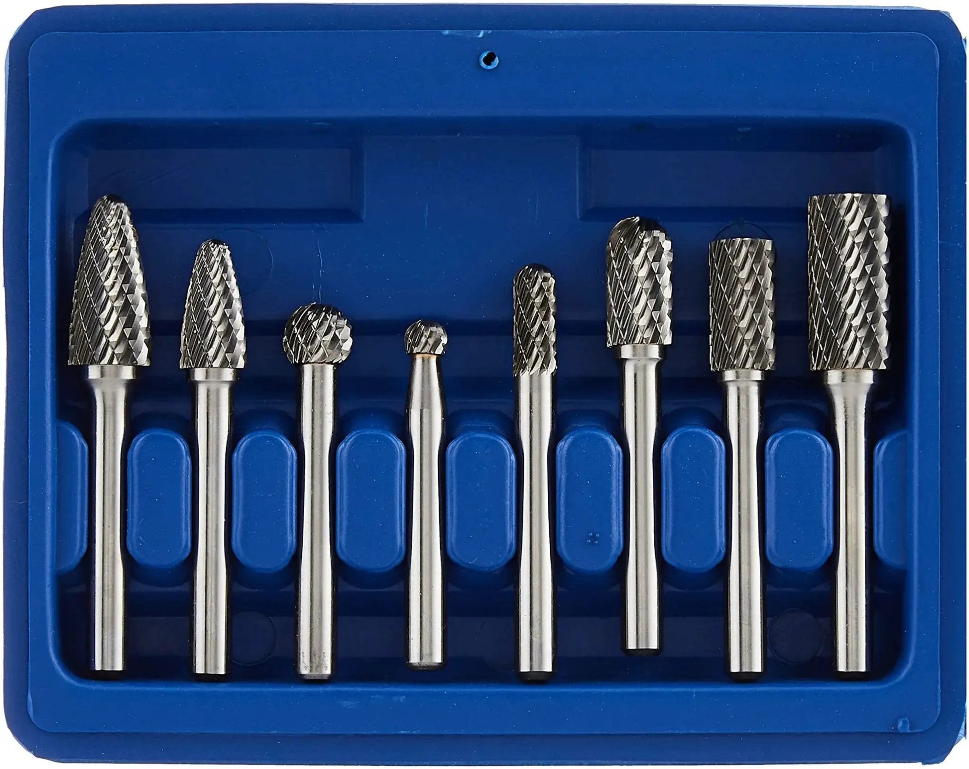 Double Cut Carbide Rotary Burr Set For Pro Grade Porting And Hole Opening, 8-Piece With 1/4 Inch Shank, Sintered Tungsten Carbide in case