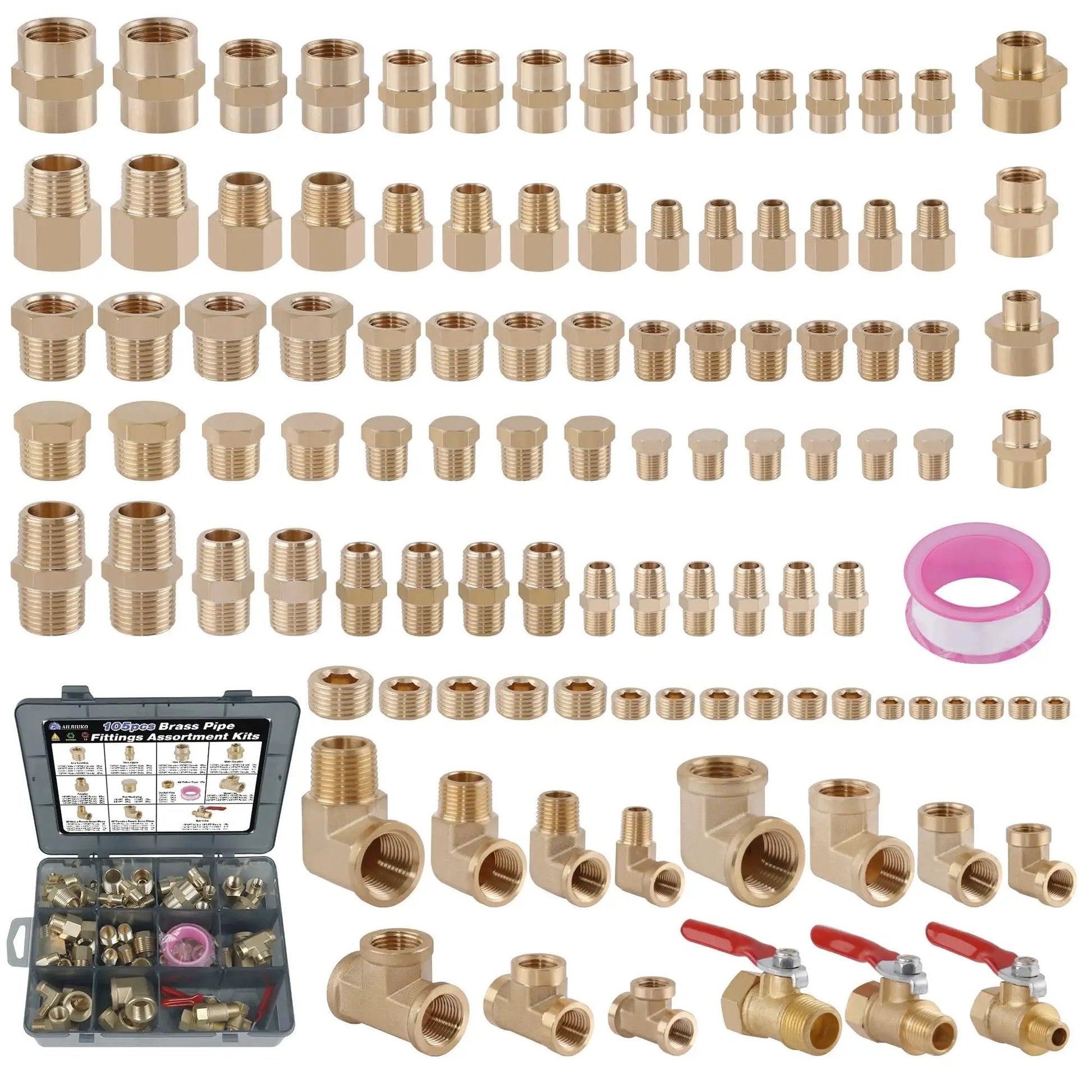 105 Piece Brass Pipe Fittings Set With NPT Adapters, hex nipples, reducing couplings, street elbows, ball valve, kit display