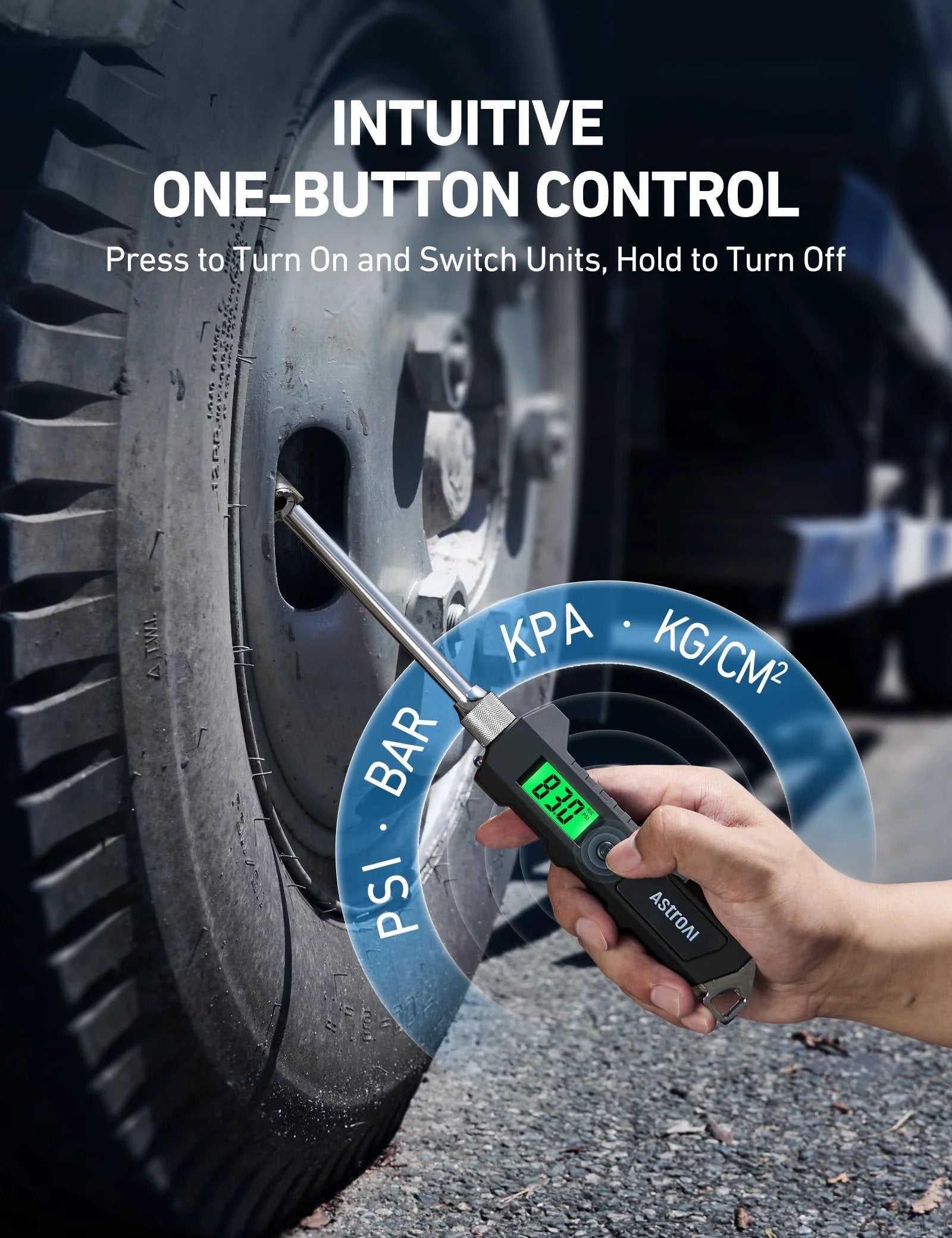 Heavy Duty Digital Tire Pressure Gauge With Backlit LCD And Built In Flashlight, 0-230 PSI, checking a truck tire pressure