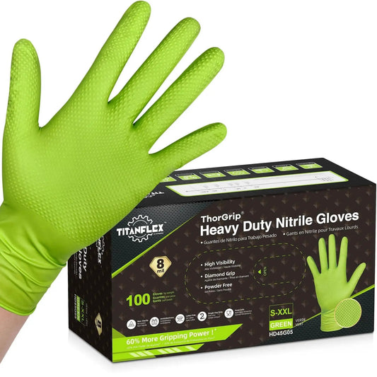 Green Nitrile Gloves 8 Mil Heavy Duty Textured Grip Powder Free Food Safe 100 Ct with glove box