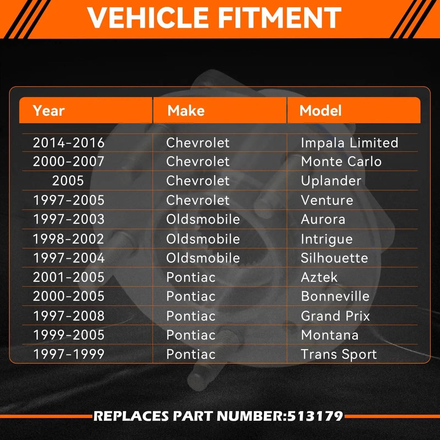 Vehicle fitment chart for Front Wheel Hub Bearing Assembly 513179 Compatible with Chevy Impala, Buick, Cadillac, Pontiac, Saturn