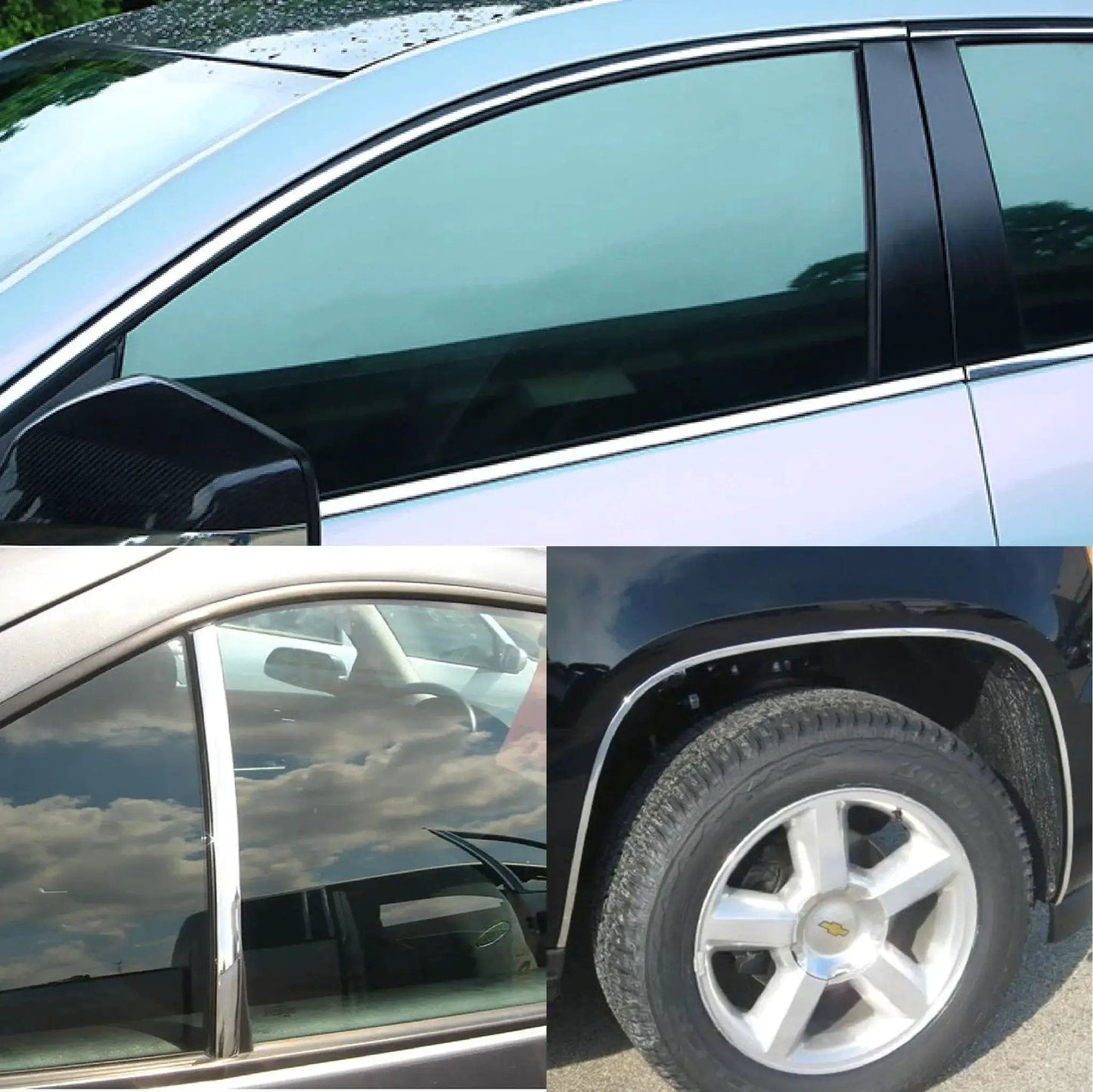 Universal Car Exterior And Interior Molding Trim Self Adhesive PVC Strip installed on vehicle windows and wheel arch.