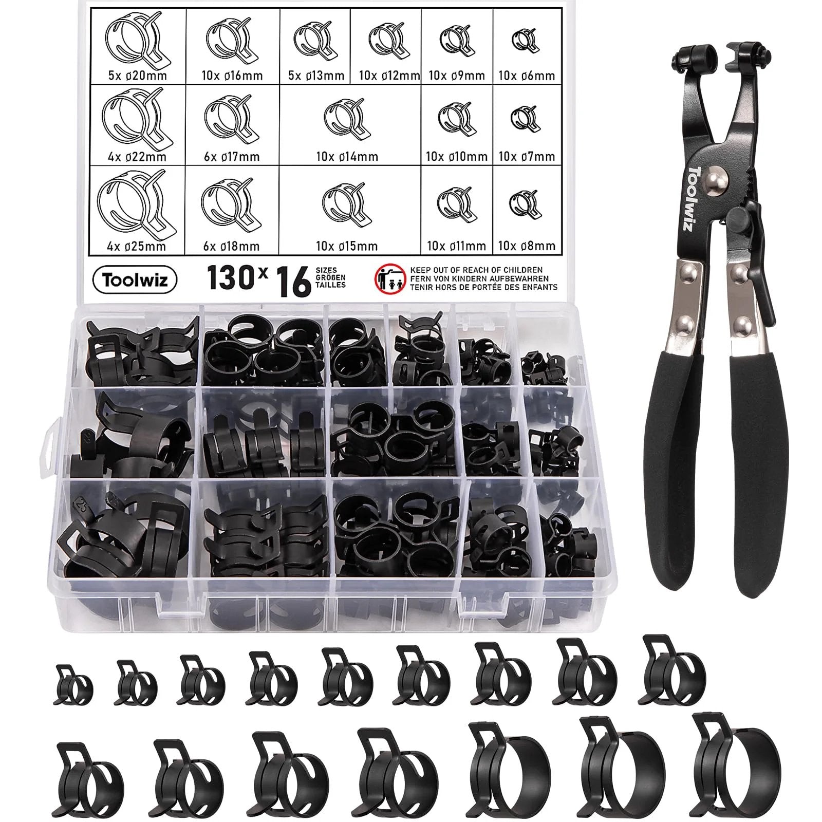 130-Piece Spring Band Hose Clamp Set With Swivel Pliers 6-25mm Constant Tension Clamps For Radiator And Fuel Lines