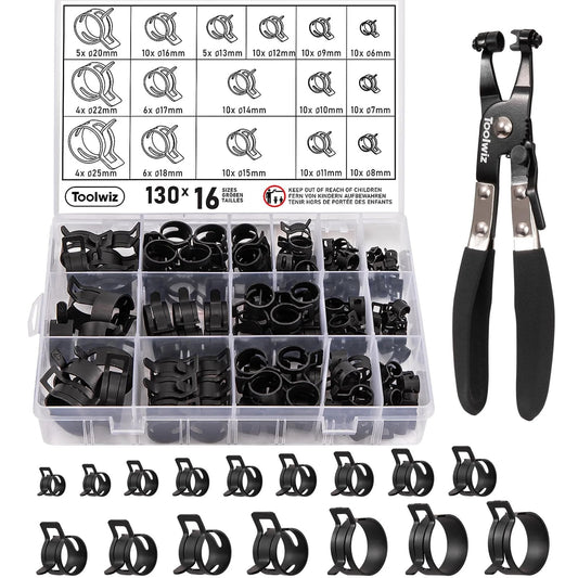 130-Piece Spring Band Hose Clamp Set With Swivel Pliers 6-25mm Constant Tension Clamps For Radiator And Fuel Lines