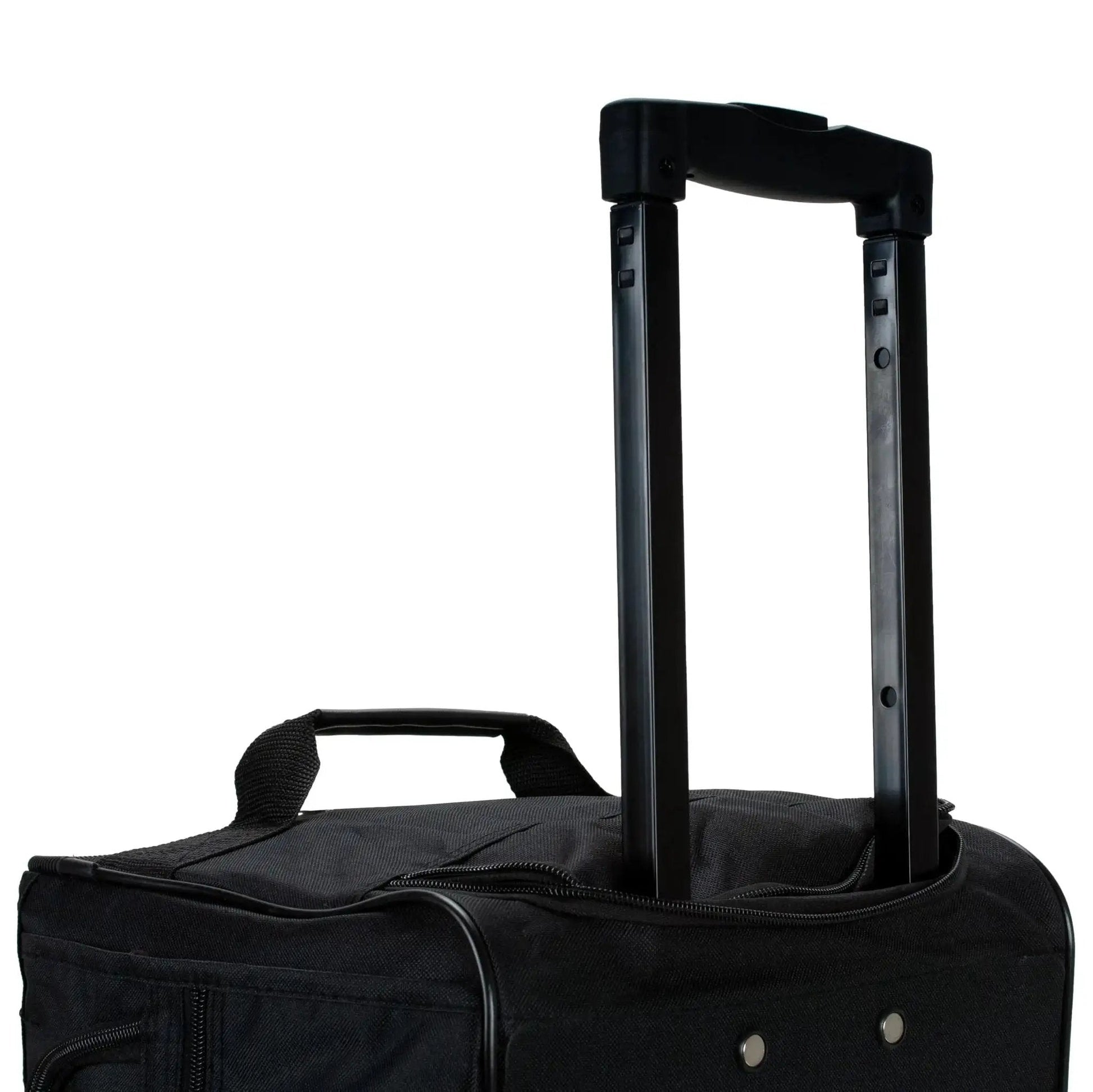 Rolling Duffel Bag With Extra Large Wheels And A Wide U Shaped Opening, sleek black 22 inch with handle extended, side view