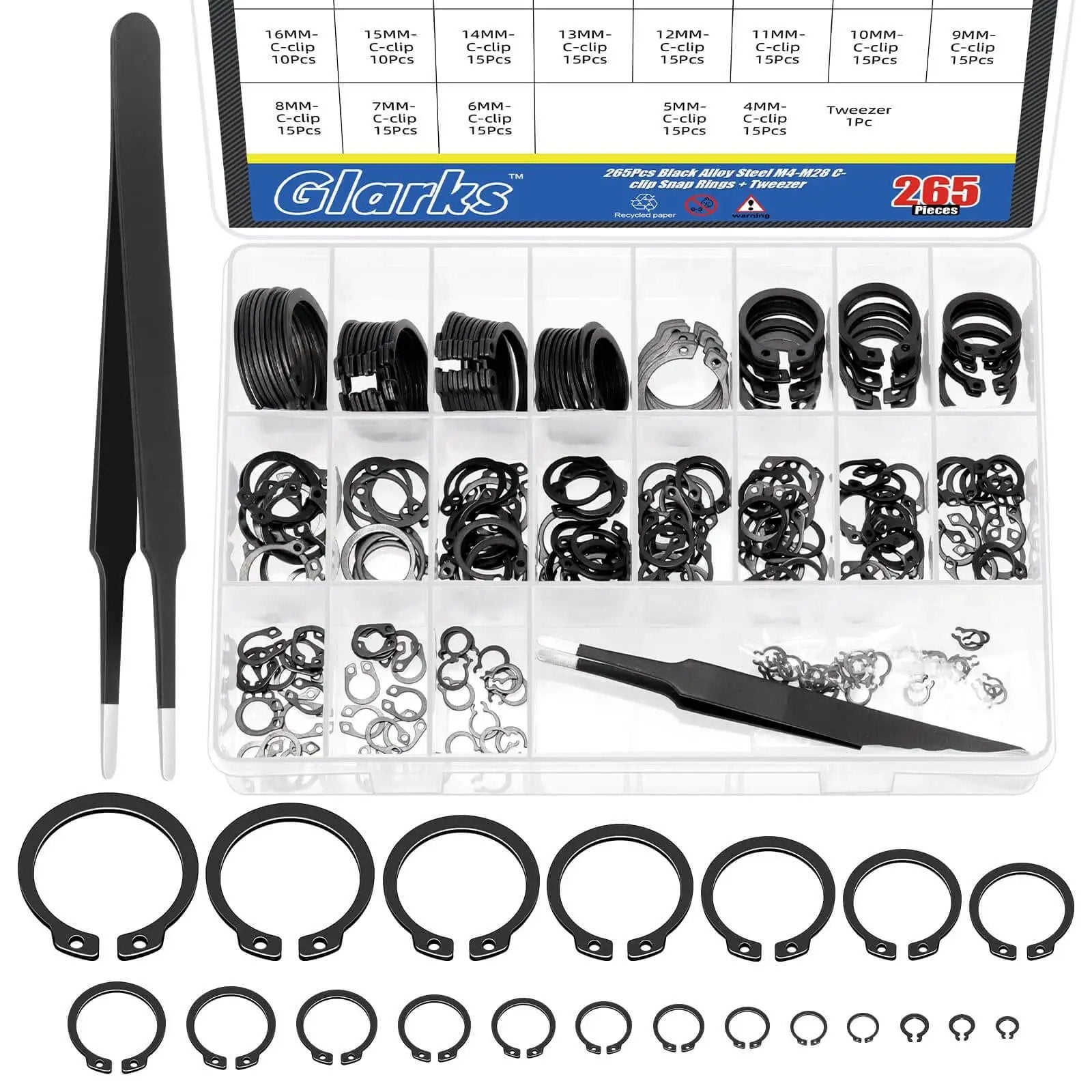 266 Piece 21 Sizes C Clip External Retaining Rings Set With Tweezer 65Mn Steel Snap Ring Kit For Axles Shafts And Moving Parts Pro Grade Heavy Duty Circlip Assortment For Shop And Automotive, showing organized rings and tweezers.