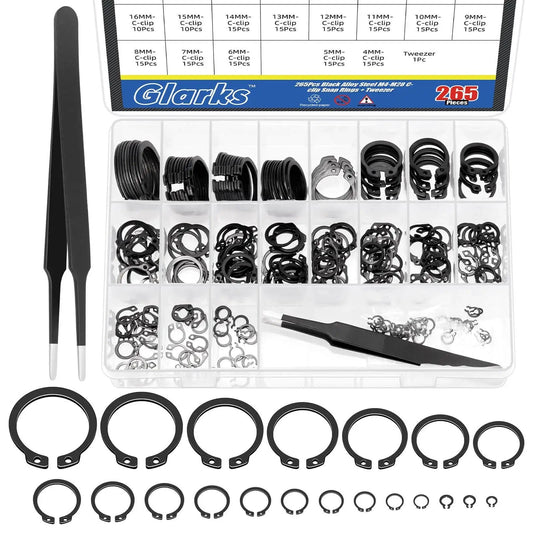 266 Piece 21 Sizes C Clip External Retaining Rings Set With Tweezer 65Mn Steel Snap Ring Kit For Axles Shafts And Moving Parts Pro Grade Heavy Duty Circlip Assortment For Shop And Automotive, showing organized rings and tweezers.