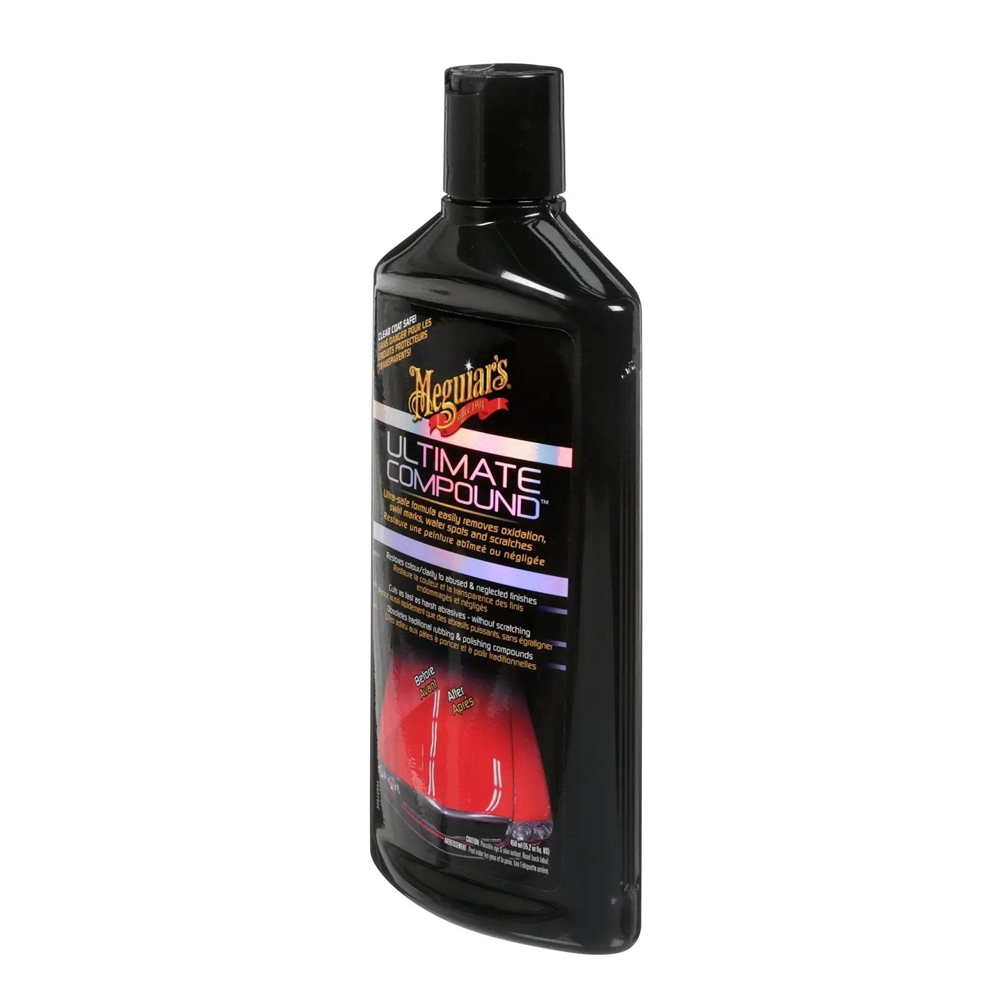 Bottle of Meguiar's Ultimate Compound For Cars That Removes Oxidation Swirl Marks Water Spots And Scratches On Clear Coat.