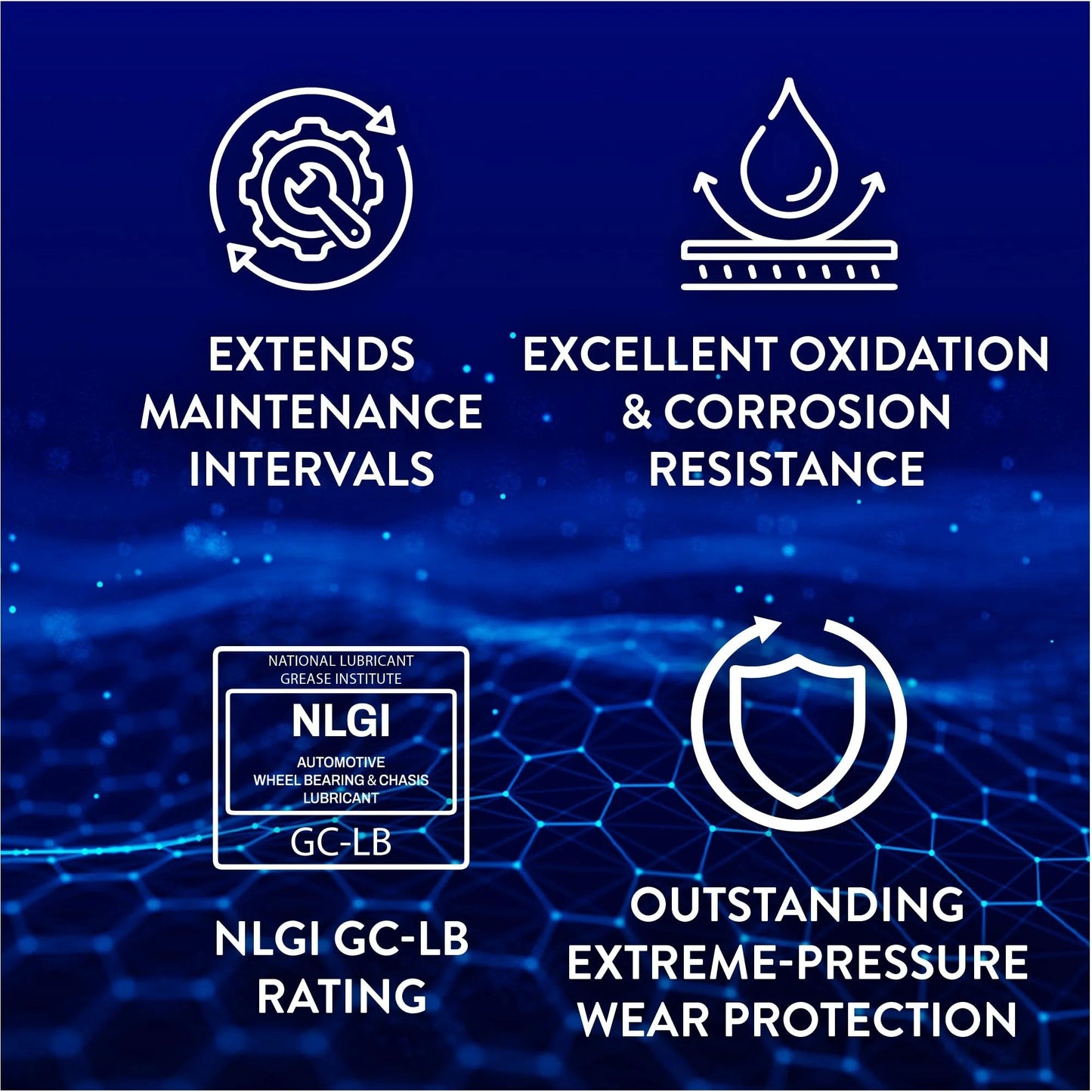 Image of NLGI Grade 2 information featuring symbols for maintenance, oxidation resistance, NLGI rating, and wear protection.