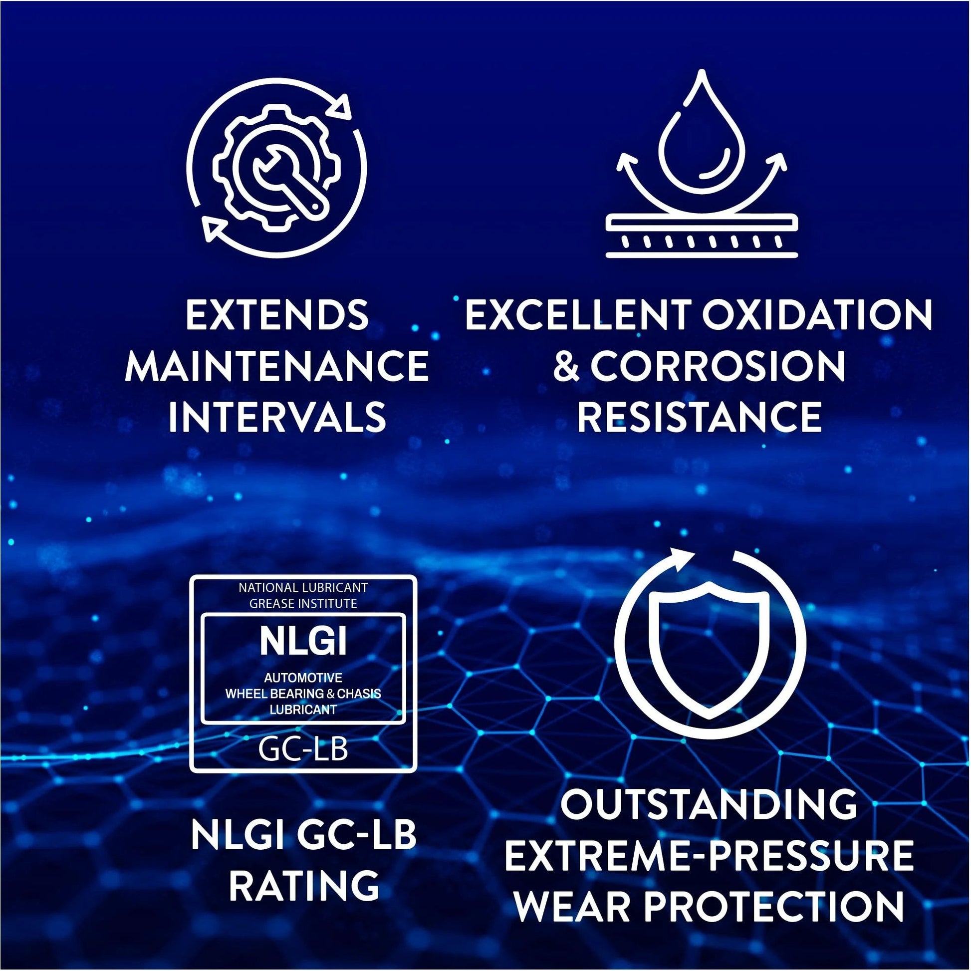 Image of NLGI Grade 2 information featuring symbols for maintenance, oxidation resistance, NLGI rating, and wear protection.