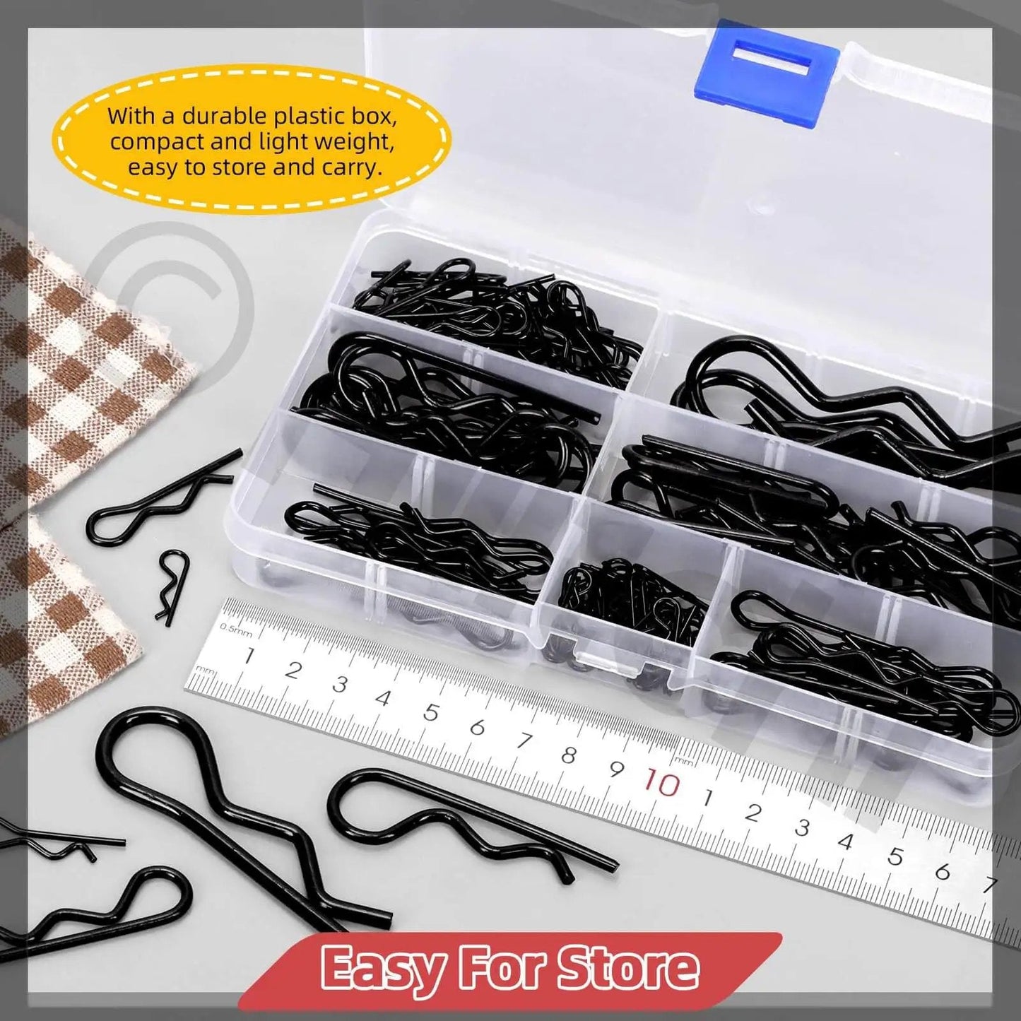 Comprehensive Hitch Pin Clip Kit With 145 Pieces In 6 Sizes R Clips Hair Pins in clear storage box with ruler for scale.